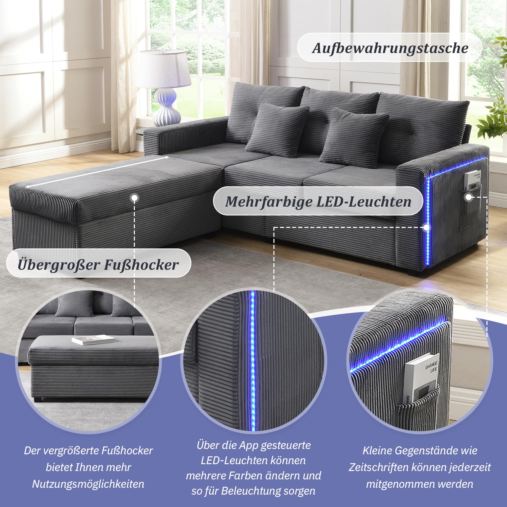 Divano angolare modulare a forma di L in tessuto a coste, divano con funzione letto, divano con illuminazione a LED, tasche laterali, sgabello regolabile e 2 cuscini, per soggiorno e camera da