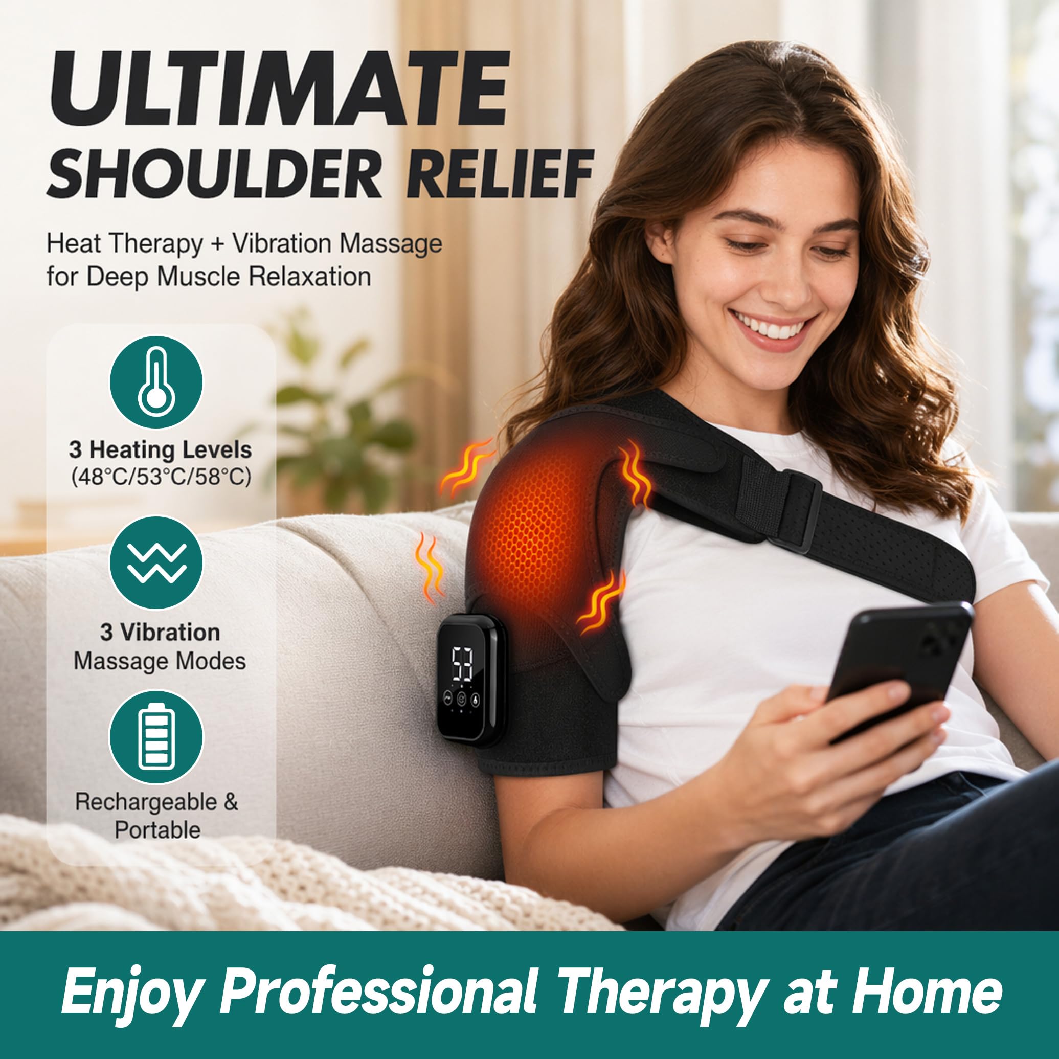 Schultermassagegerät Triple, Nacken Schulter Massagegerät Gerät mit Vibration & Wärme, 5000mAh Schulterbandage Schultergurt Muttertagsgeschenk Vatertagsgeschenk für Zuhause Büro