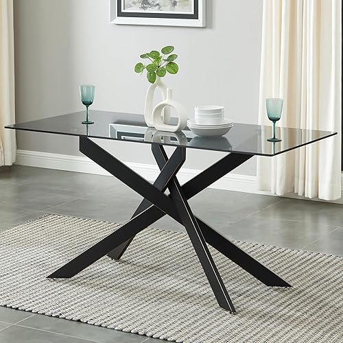 Modern Style Dining Table with Gray Tempered Glass Top and Black Metal Tubular Legs, 58.5”Lx29”Wx30”H