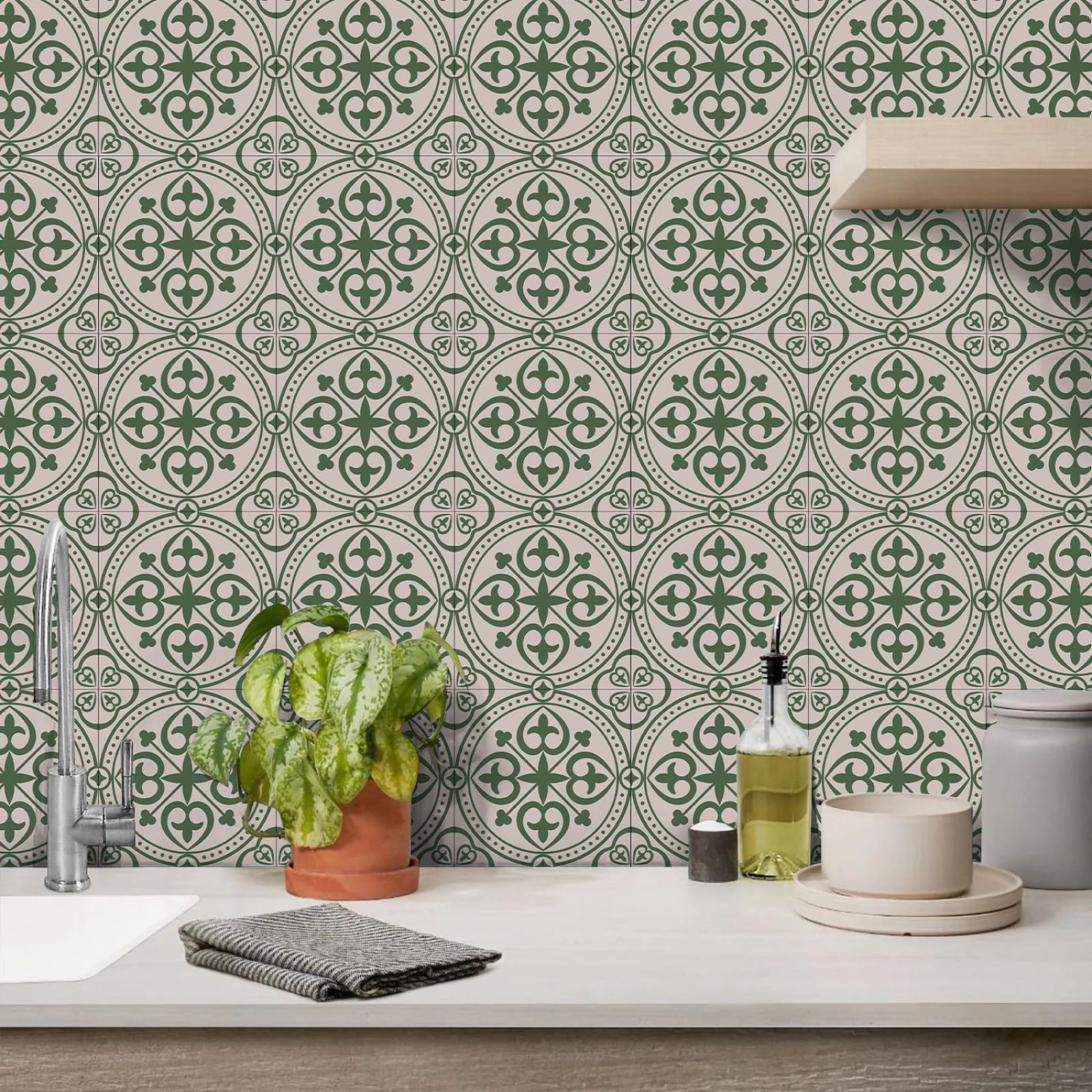 LMYSXAOZ Tile Stickers 15x15 cm Moroccan Beige Green Stick on Tiles Kitchen Bathroom Peel and Waterproof PVC for Stairs Cabinets Fireplaces Decoration Self Adhesive Wall 36 Pcs