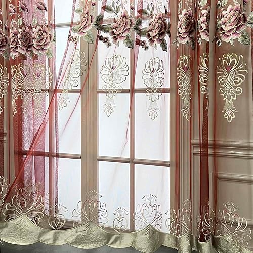 NewWPKIRA Cortina bordada floral de estilo europeo con bordado de peonía de lujo, cortina transparente con bolsillo para barra, paneles de cortina