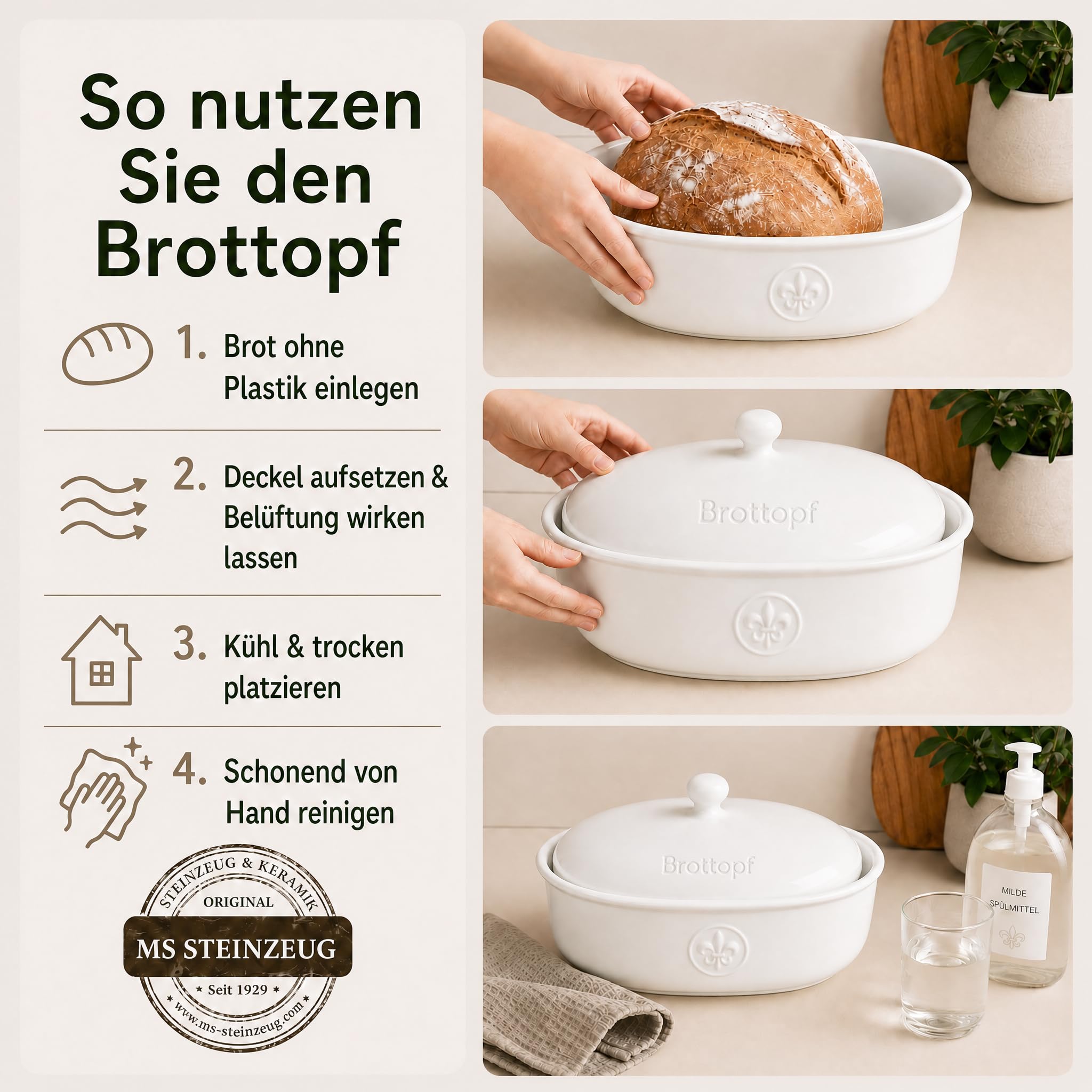 Brottopf in weiss - Brotkasten - oval - Steingut mit Belüftung | Glasierter Steingut-Brotkasten für ordentliche Brotaufbewahrung – hält Brot länger frisch dank seitlicher Belüftung