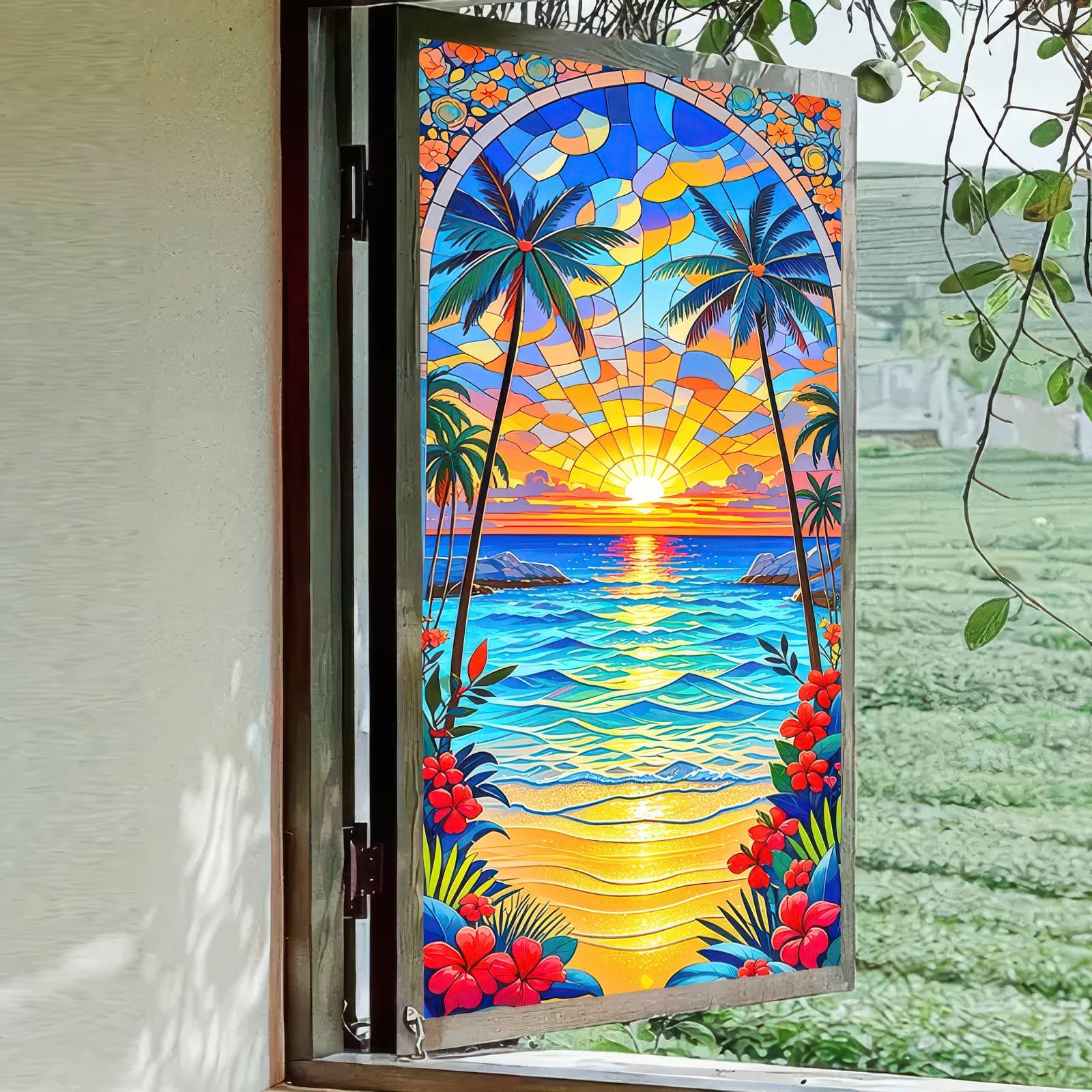 BlissYard Stained Glass Window Film Beach Sunset Scene Static Cling Window Sticker 17.7x39.3 inch Anti-UV Sun Blocke Home Decoration Room Office Glass Partitions Privacy Film
