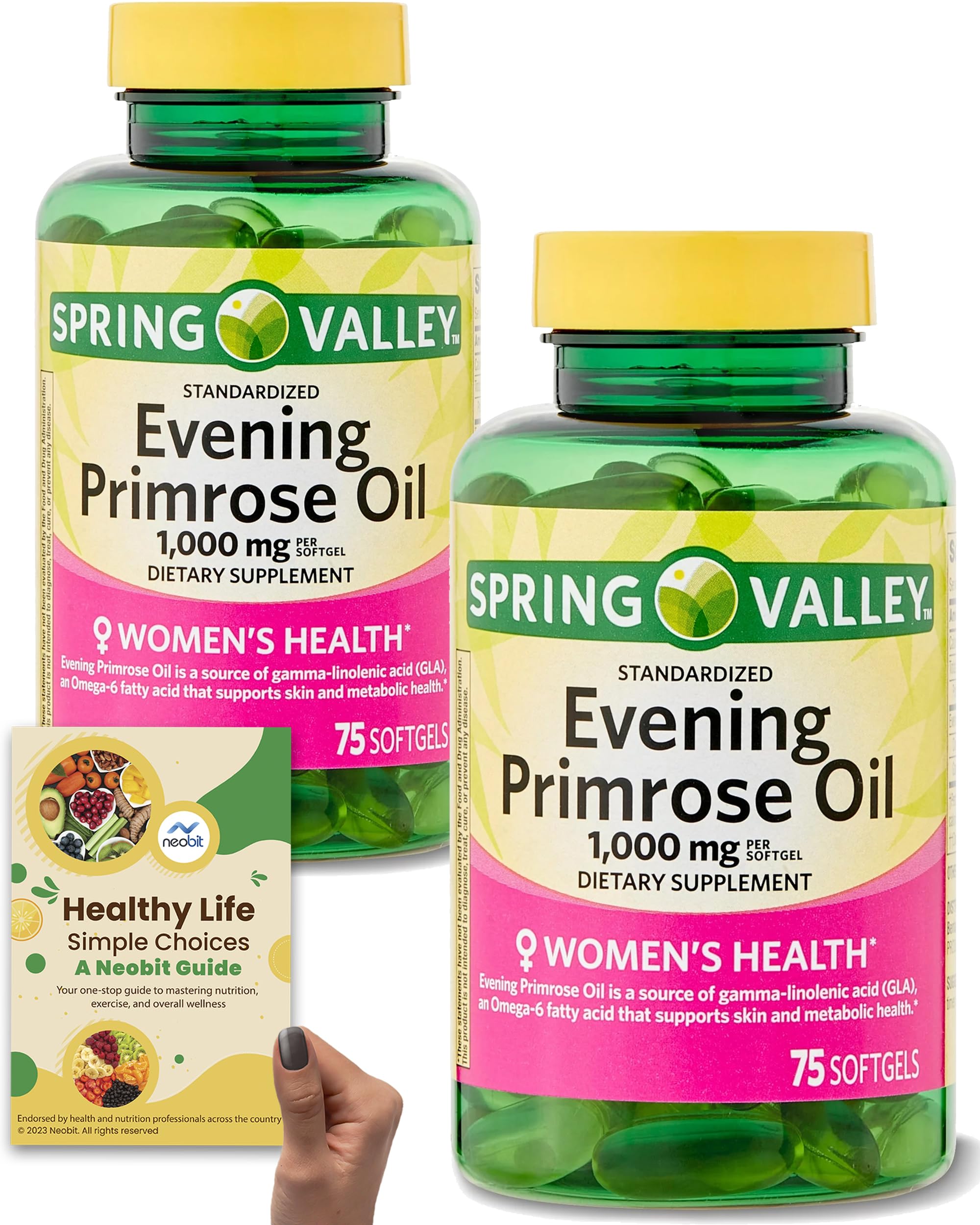 Spring Valley Evening Primrose Oil Softgels, 1000 mg, 75 Count (2 Pack), 50 Days Supply, Women's Health & Dry Skin Support, Gluten-Free - Bundled with 'Healthy Life, Simple Choices' Guide