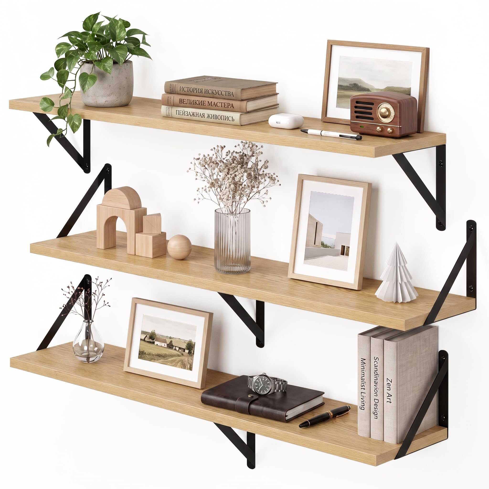 Fun Memories Deep Floating Shelves for Wall, 90 x 20 cm Wall Mounted Shelves Set of 3, Wide Display Ledge Shelf with Sturdy Metal Brackets for Bathroom, Bedroom and Kitchen, Oak