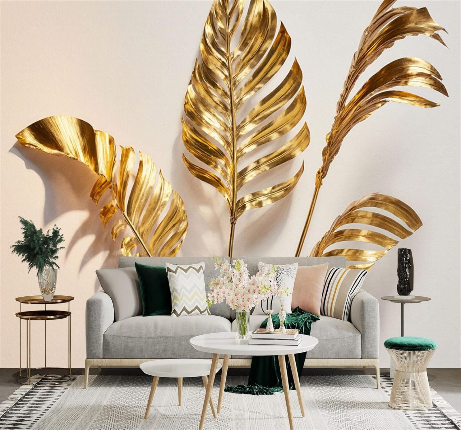 Xlming 400Cm×280Cm(B×H) Minimalist Three Dimensional Understated Luxury Gold Banana Leaves 3D Wallpaper Premium Textured Silk Study Dining Living Room Bedroom Sofa Tv Wall Easy Install-400Cm×280Cm