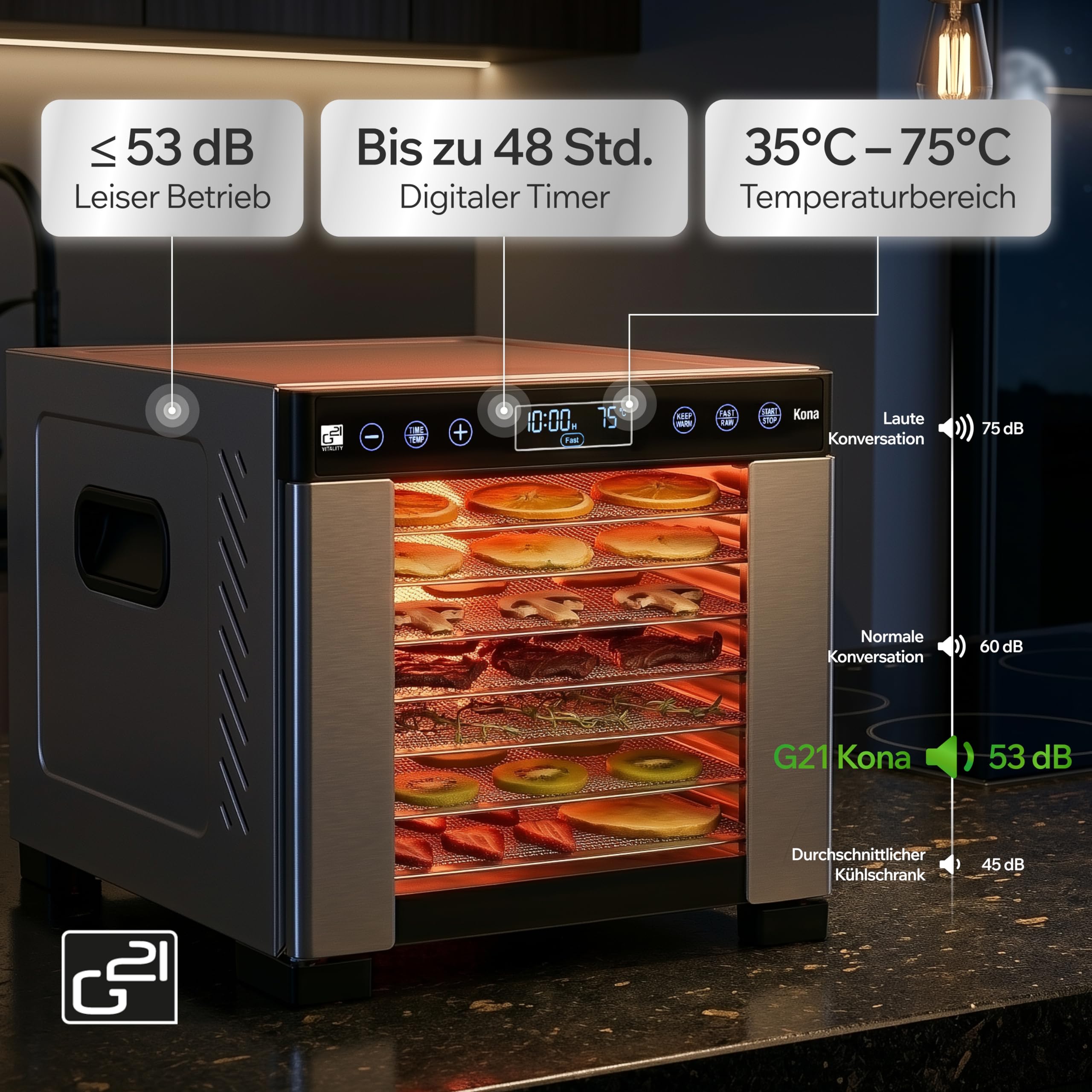 G21 Kona Edelstahl Dörrgerät 7 Ebenen 0,48 m² | 7 Edelstahl-Gitter, 0,48 m² Trockenfläche, 35–75 °C, 48h Timer, 600W