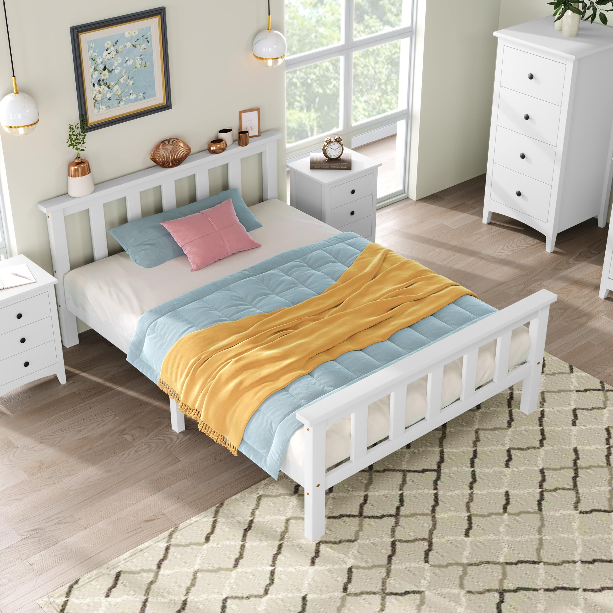 Merax Holzbett Einzelbett 90 x 200 cm, Weiß Massivholz Bettgestell mit Lattenrost und Hohem Kopfteil, Kinderbett Jugendbett Gästebett Rahmen Kiefer