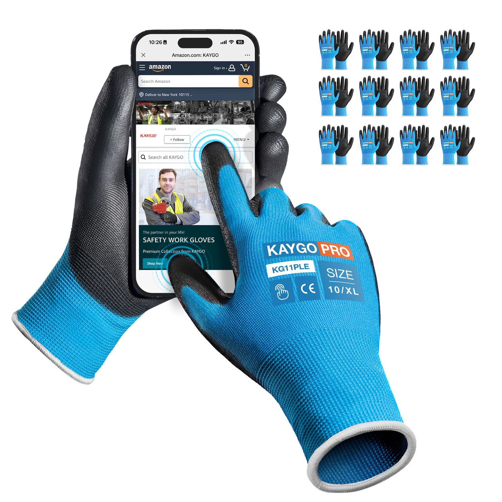 Work Gloves PU Coated for Men and Women, 12 Pairs Safety Work Gloves with Two Fingers Touchscreen, Breathable and Lightweight,Ideal for Light