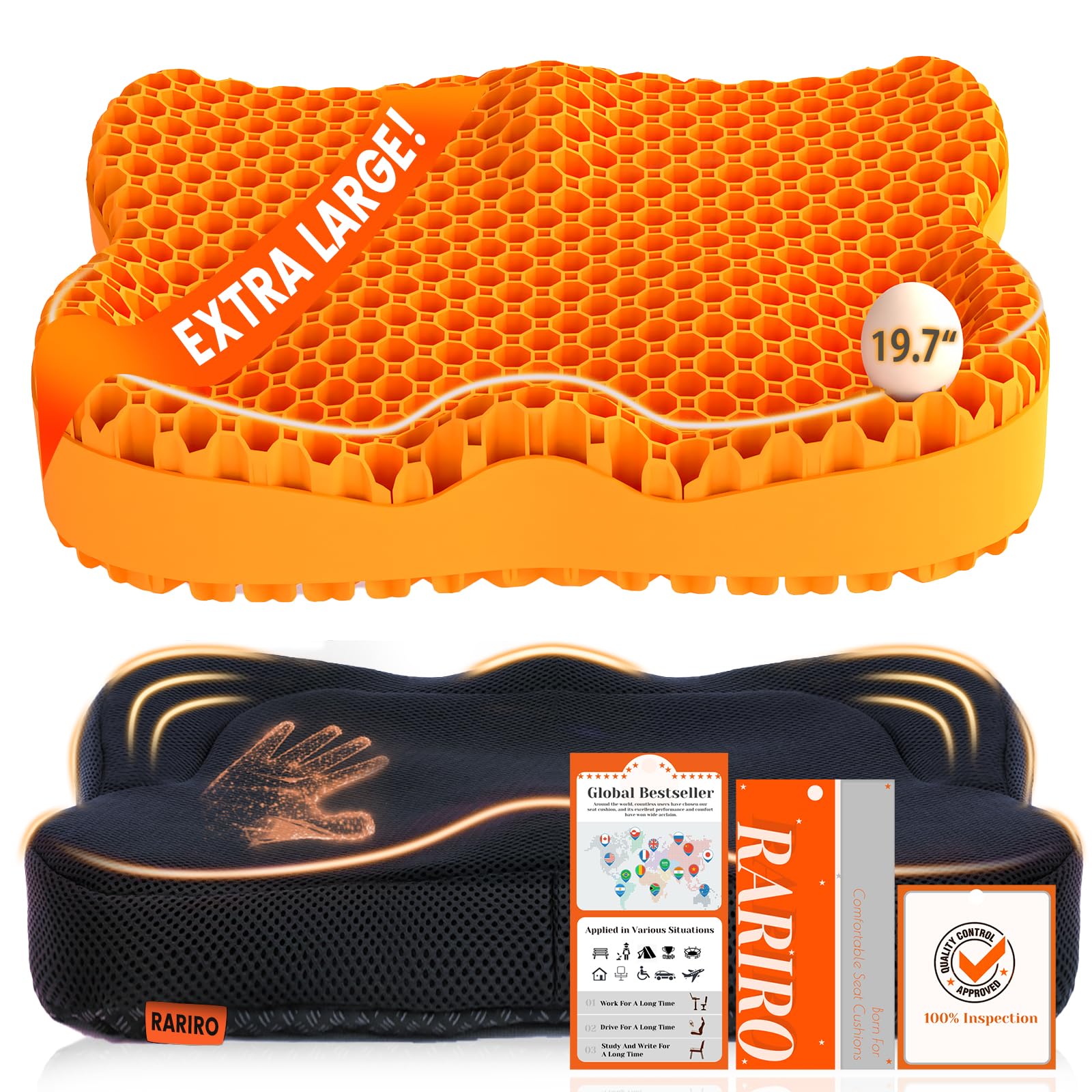 Enlarged 19.7" Gel Seat Cushion, Egg Gel Chair Pads for Wheelchair Pressure Coccyx Sciatica Pain Relief, Cooling Desk Seat Cushion for Kayak, Car, Office Chair Long Sitting[Orange]