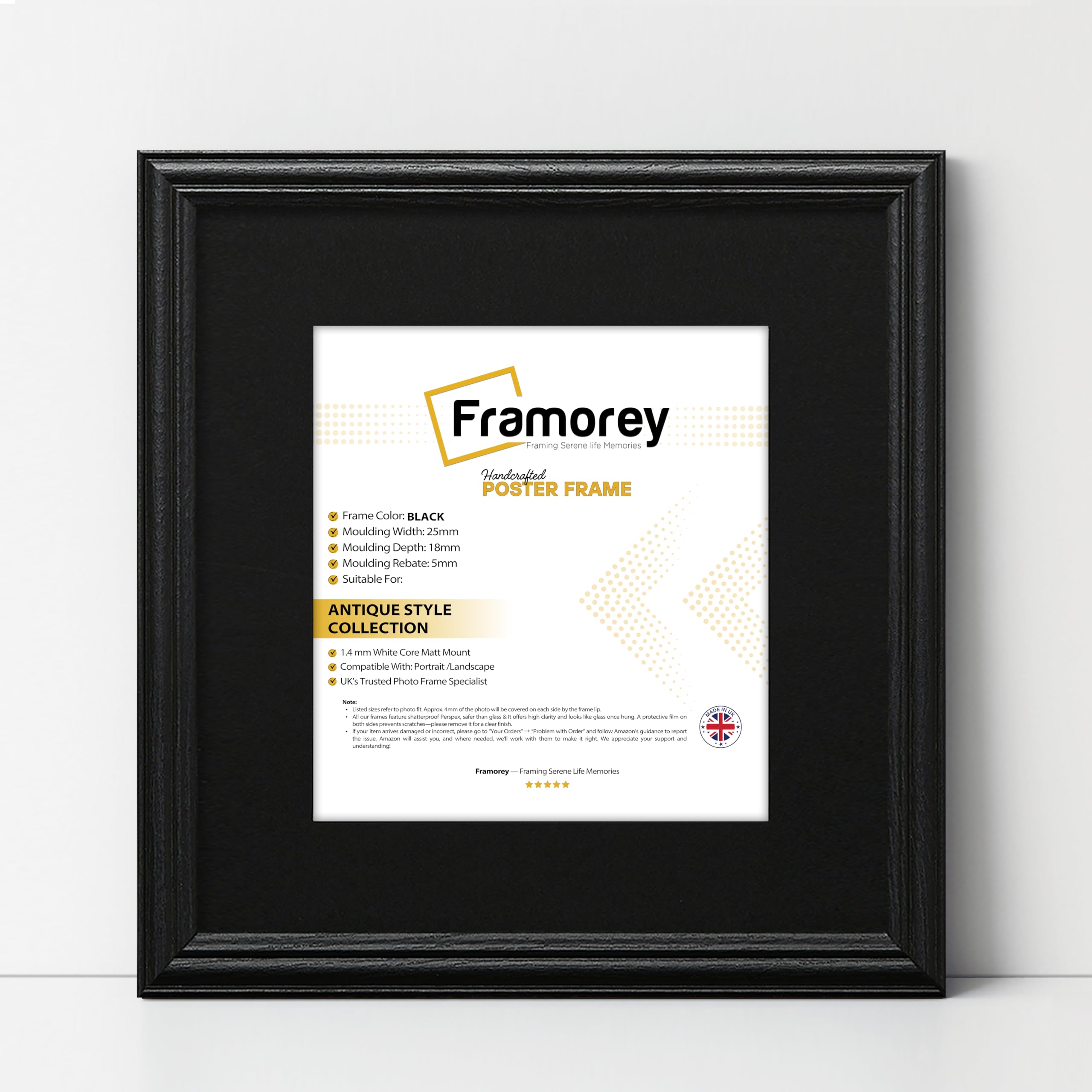 FRAMOREY Square Photo Frame, 45x45CM Black With 35x35CM Mount, LW Antique Style Home Wall Decor, Hanging Art Poster Frame, MDF Wood