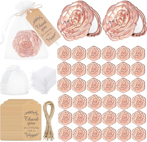Woanger Juego de 36 espejos compactos de rosas a granel, incluye espejos en forma de rosa y etiquetas de agradecimiento, cordel de yute con bolsa de
