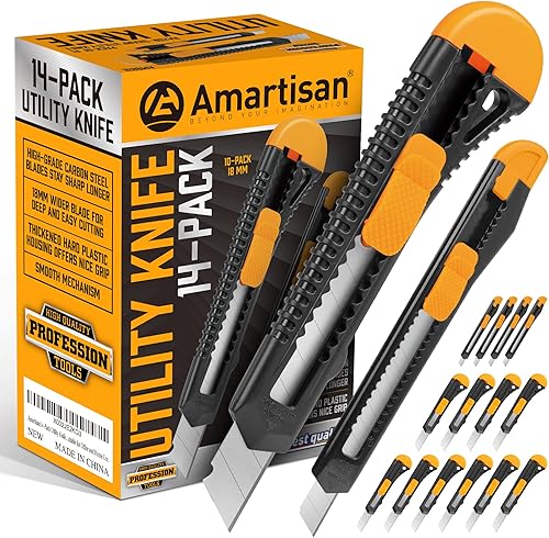 Amartisan Cortador de caja retráctil de 14 piezas, cuchillos utilitarios para cajas, cartones, corte de cartón, cortador de hoja de 0.709in y