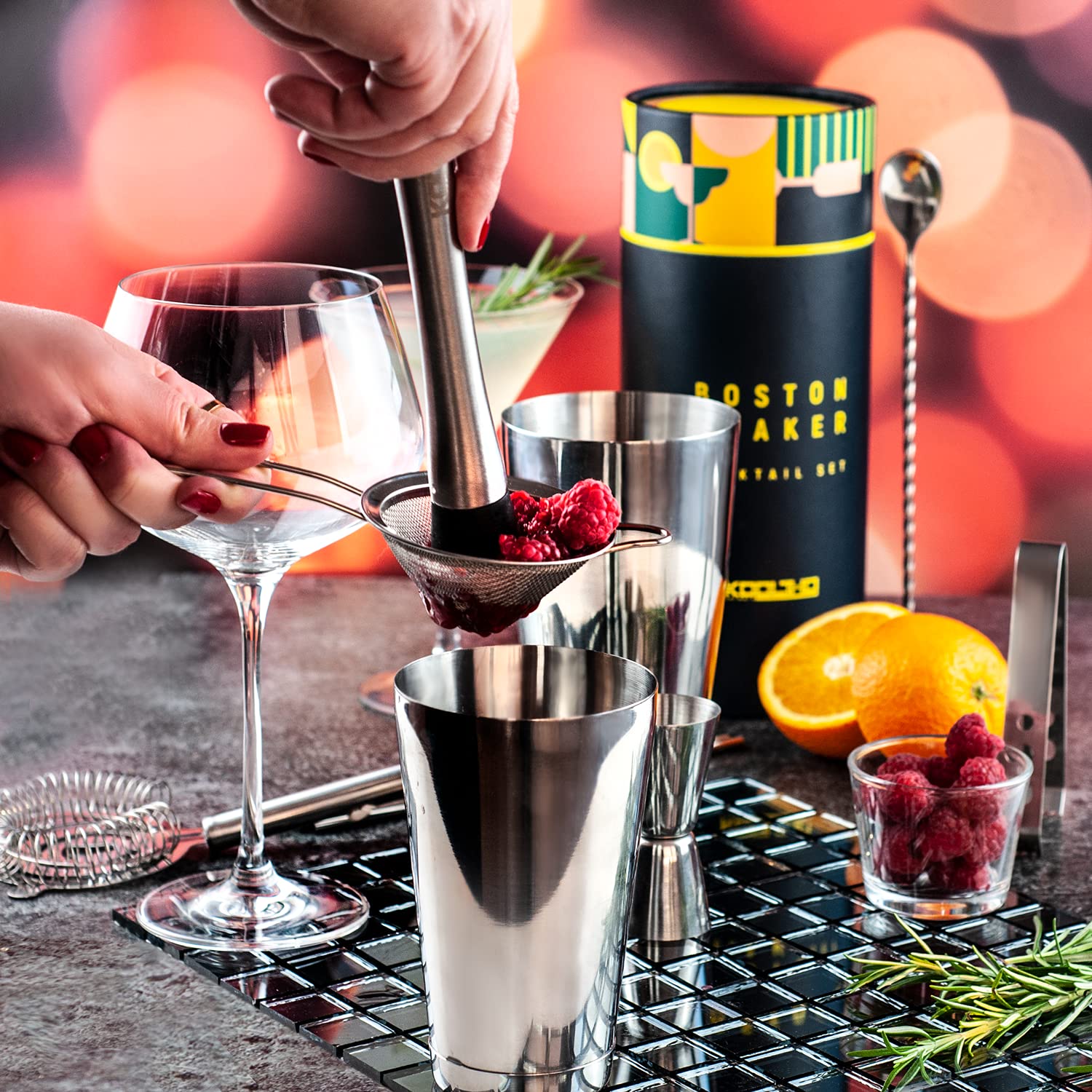 Shaker Boston Professionnel Kit Barman, Coffret Cadeau Original Personnalisable Femme Homme Couple, Set Cocktail Mojito avec Accessoires Bar, Shakers INOX Tin on Tin, Service Cocktails Complet Pro