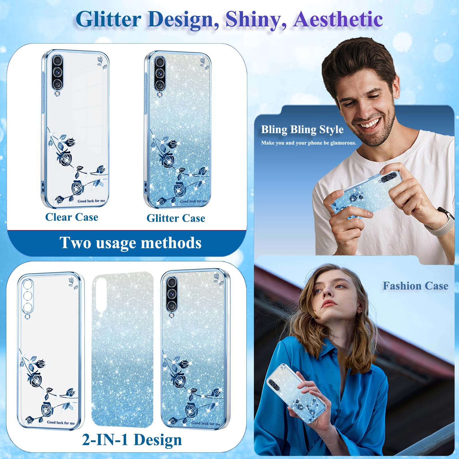 Glitzer-Handyhülle Für Google Pixel 6 – 2-in-1 TPU Case Mit Blumen & Diamanten, Durchsichtig Rosa/blau