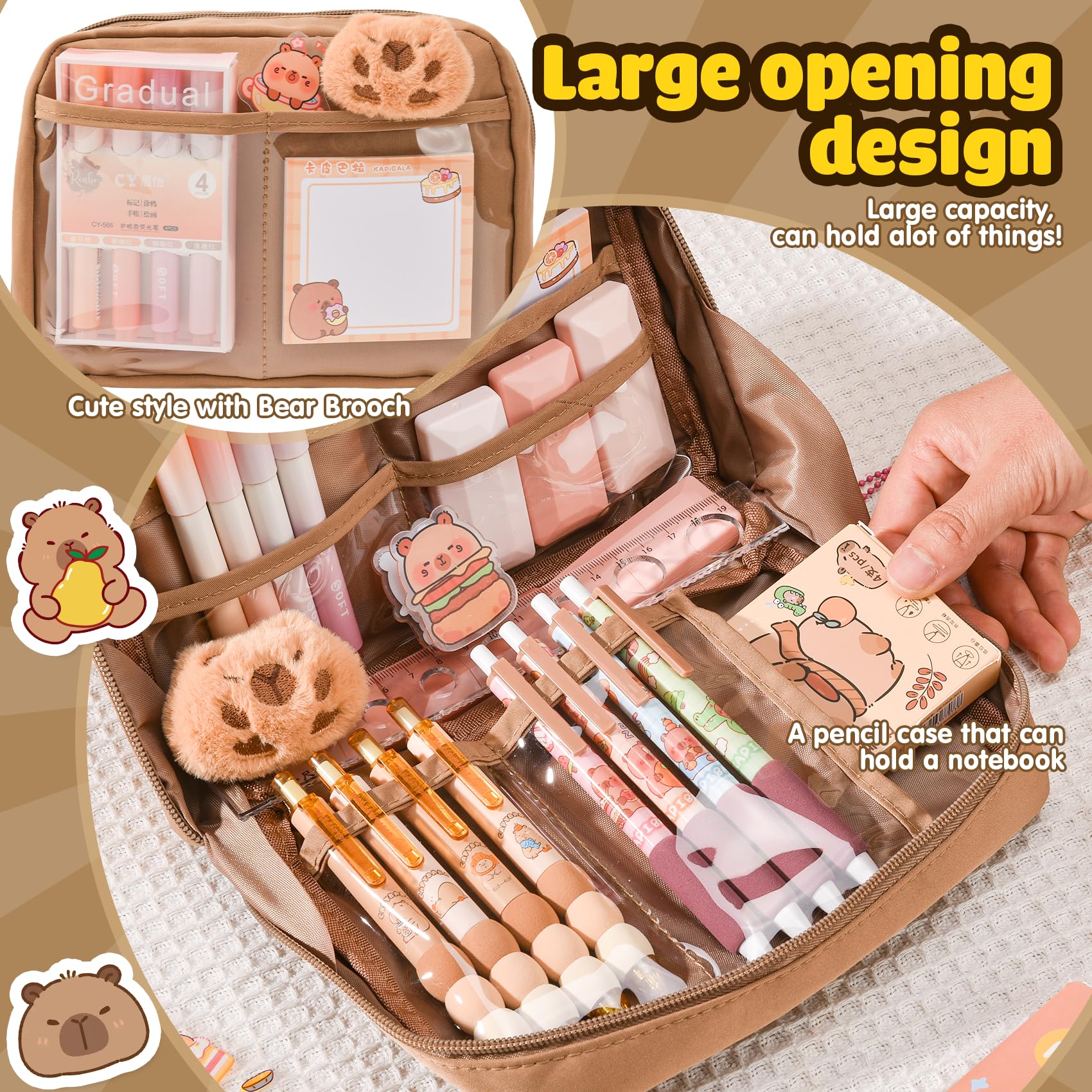 Capybara Schreibwaren Set, Capybara Federmäppchen mit Fächern, Süßes Capybara Mäppchen Geschenkset für Kinder & Schüler, Inkl. Stifte, Clips, Linealen und Mehr, für Schule, Büro, Kunst
