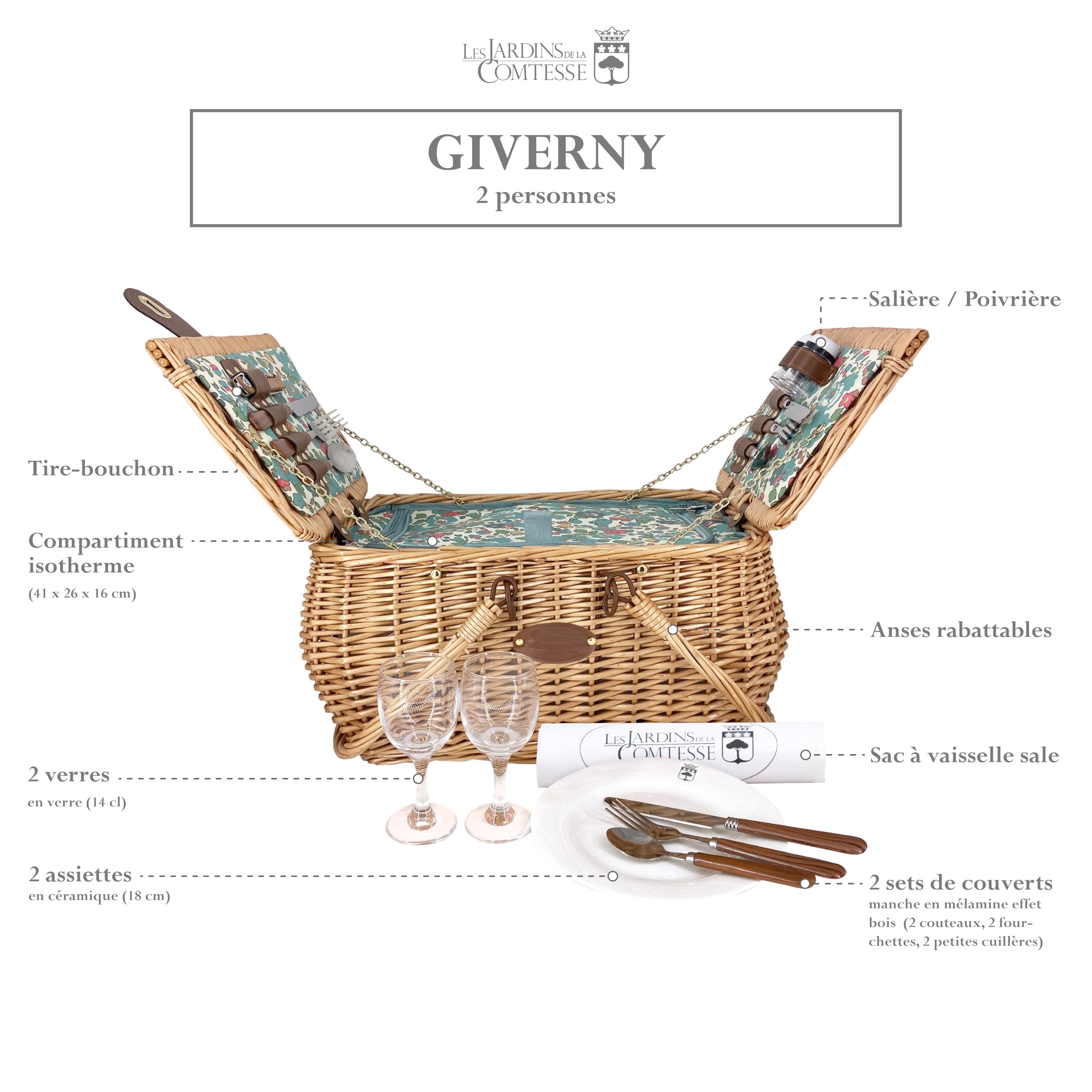 Les Jardins de la Comtesse - Picknickkorb Giverny – 2 Personen – Grün – komplett mit Kühlfach – Geschirr inklusive – Blumenmotiv – 45 x 36 x 23 cm