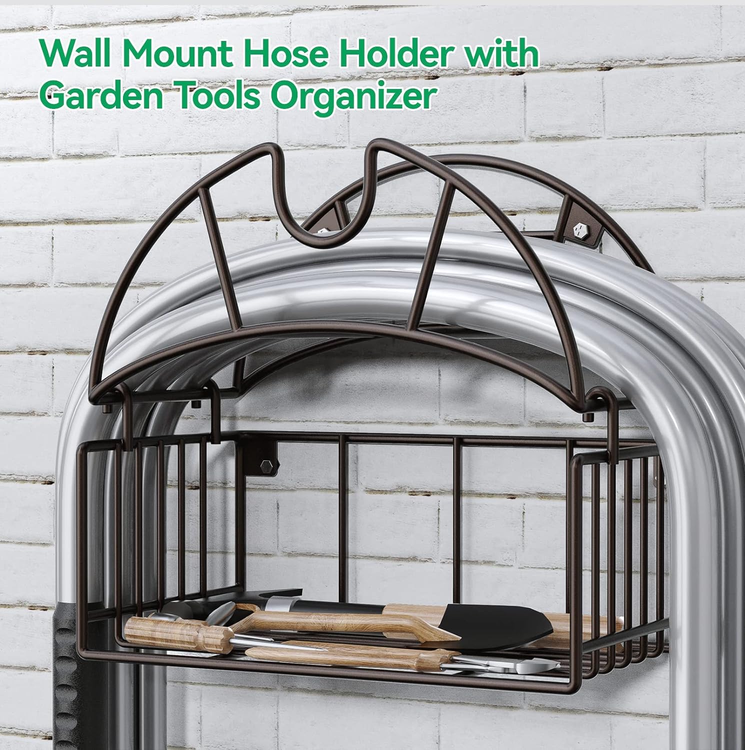 Garden Hose Holder,Water Hose Holder Wall Mount,Heavy Duty Metal Hose Hanger with Tool Storage Basket,Outdoor Hose Stands for Outside Garden Yard Garage - Image 2