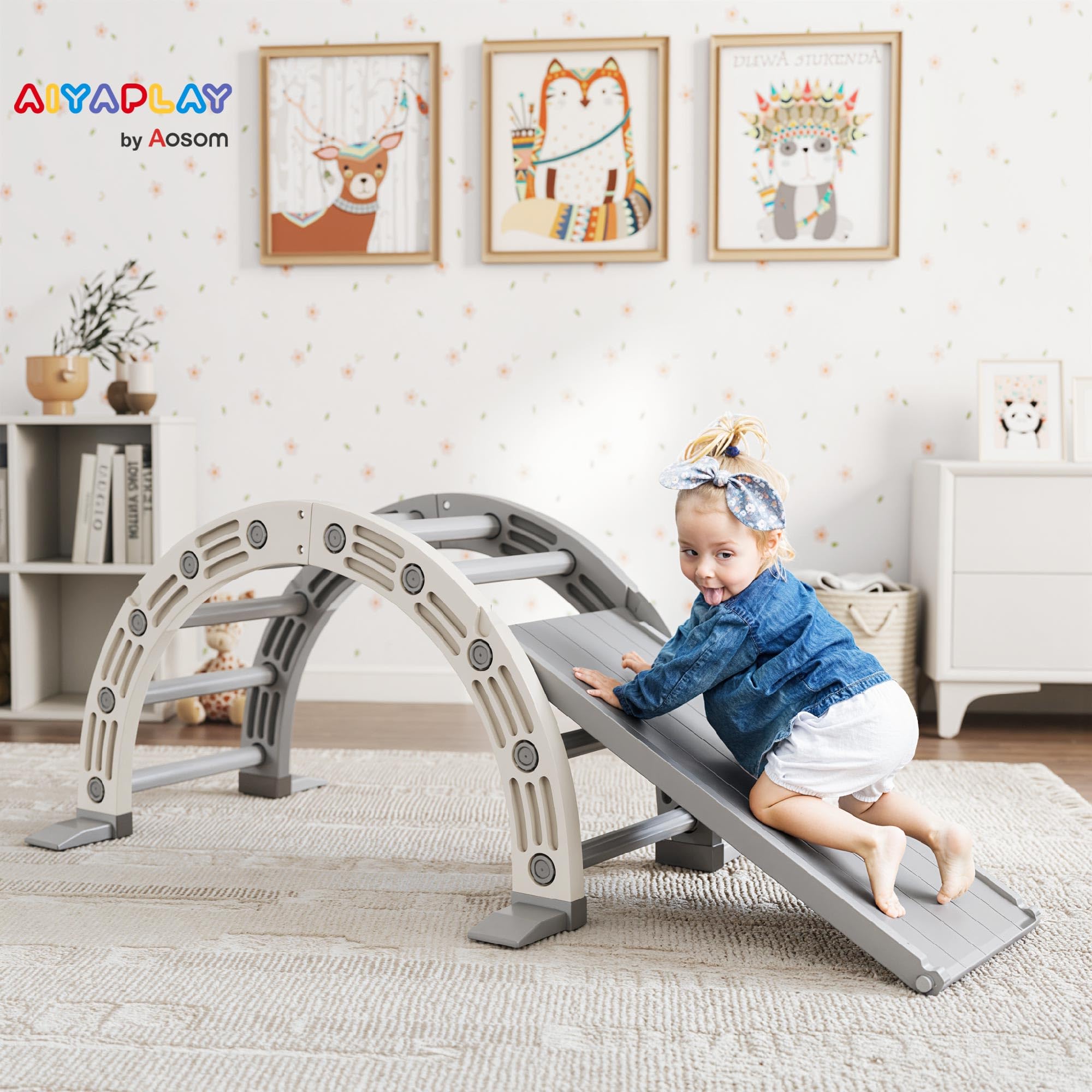 AIYAPLAY Juguete de Escalada para Niños 4 en 1 con Arco de Escalada, Mecedora, Rampa y Tobogán, Juguete de Plástico para Niños de 18-48 Meses, para Interior y Exterior, Gris y Blanco