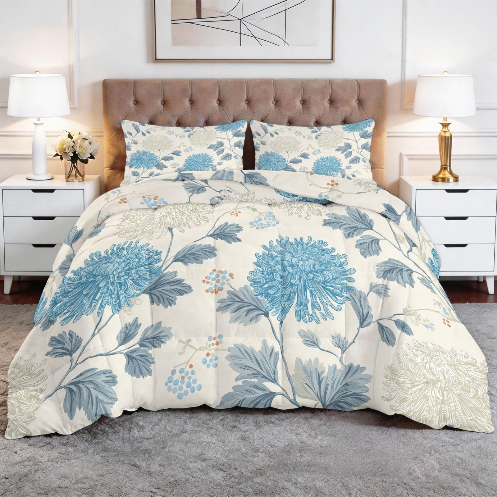 Piumone Invernale Matrimoniale 220 x 240 cm Motivo A Crisantemi Foresta Disegnato A Mano Trapunta in Ecopiuma 400 gr/mq, Caldo ed Elegante – Biancheria da Letto Anallergica e Traspirante, Crema