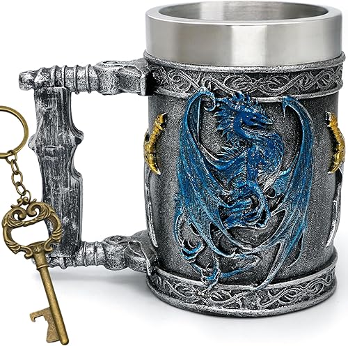 Miniatura 1 de alikiki Jarra de cerveza medieval grande con diseño de dragón azul DnD, taza de café de acero inoxidable, regalo de mazmorras y dragones para