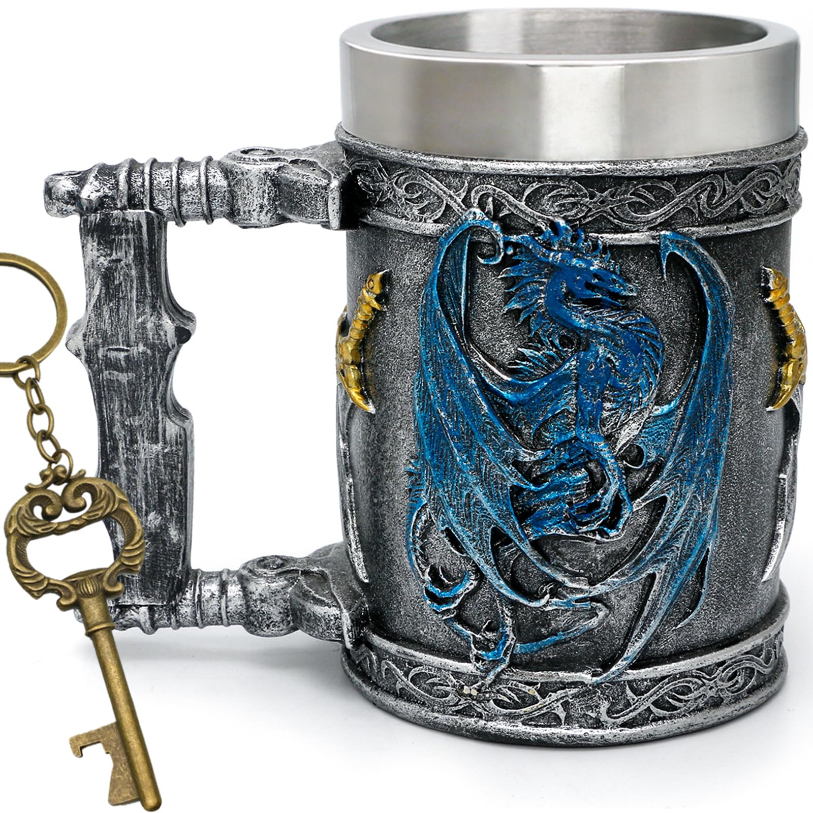 alikiki Medieval Large Beer Tankard Blue Dragon DnD Game Mug of Throne Stainless Coffee Cup Dungeons and Dragons Gifts for Men Women Dragon Collector Themed Party Decorations 21oz
