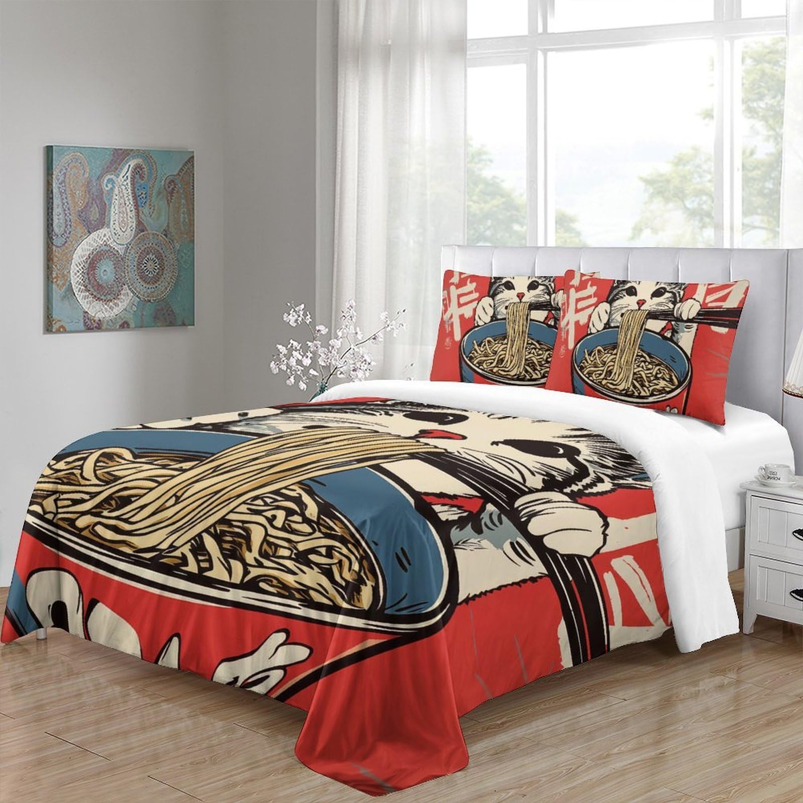 Katze Fressend Nudeln Bettbezug 3 Teile 3D-Druck Cartoon-Stil Illustration Mikrofaser Quiltbezug mit 2 Kissenbezügen Reißverschluss für Kinder und Erwachsene Schlafzimmerdekoration King（220x240cm）