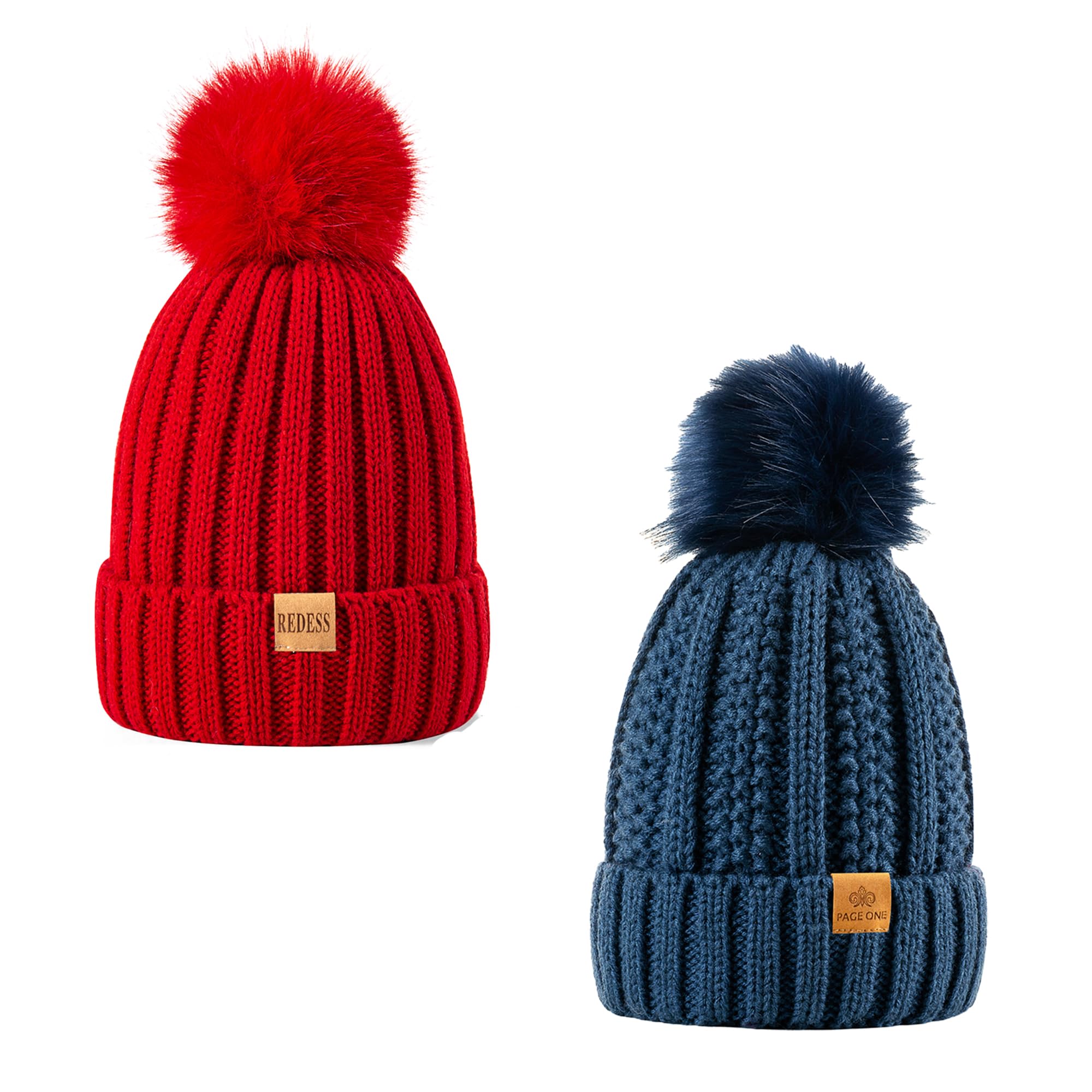 Womens Winter Pompom Beanie Hat Warm Pearl Beanie Hats, Thick