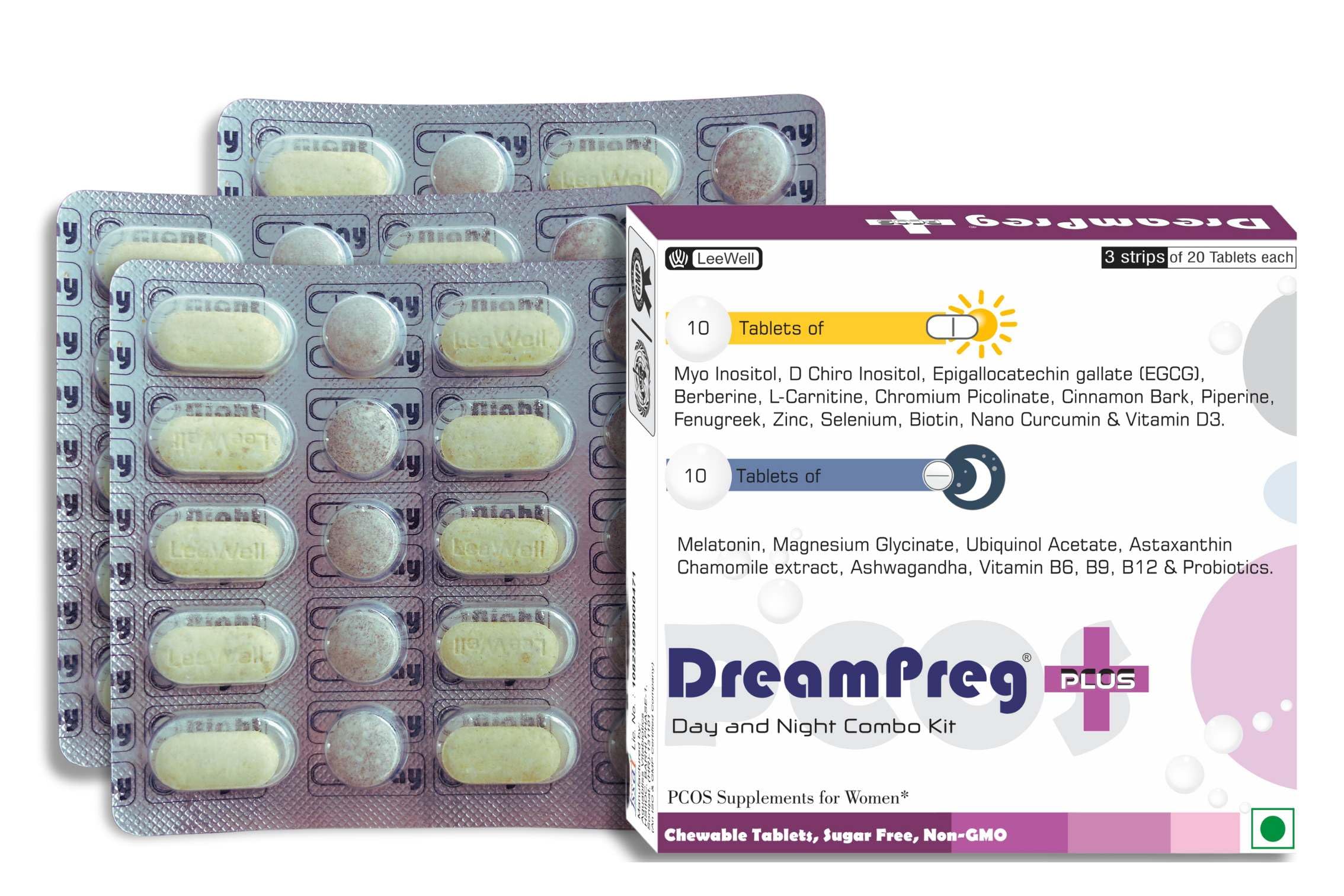 Plus Advanced Fertility & PCOS Supplement | Helps Daytime fatigue, Stress, Anxiety, Mood, Emotional Balance, Ovarian function & Reproductive Health | Support Menstrual Regularity, Sleep Quality, Inflammation control, Hormonal balance, insulin function - 60 (sugar-free candy tablets Day- Night Nutrition)