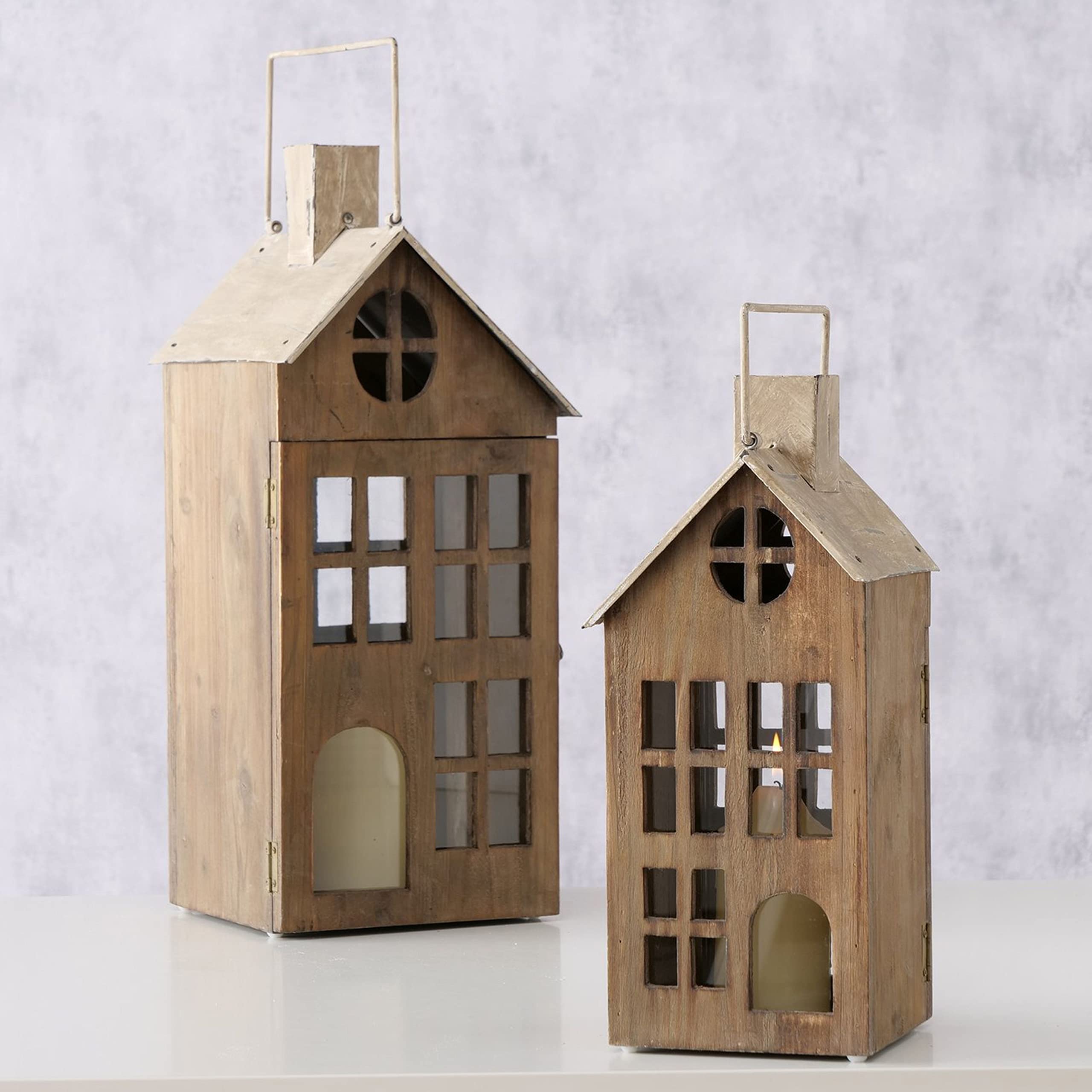 BOLTZE 2tlg. Set Laterne Marling braun aus Holz I Höhe 40cm & 58cm I Deko-Windlicht, Kerzenhalter I Teelicht-Haus I Weihnachts-Dekoration zum Hinstellen I Wohnzimmer, Esstisch I Advent Christmas