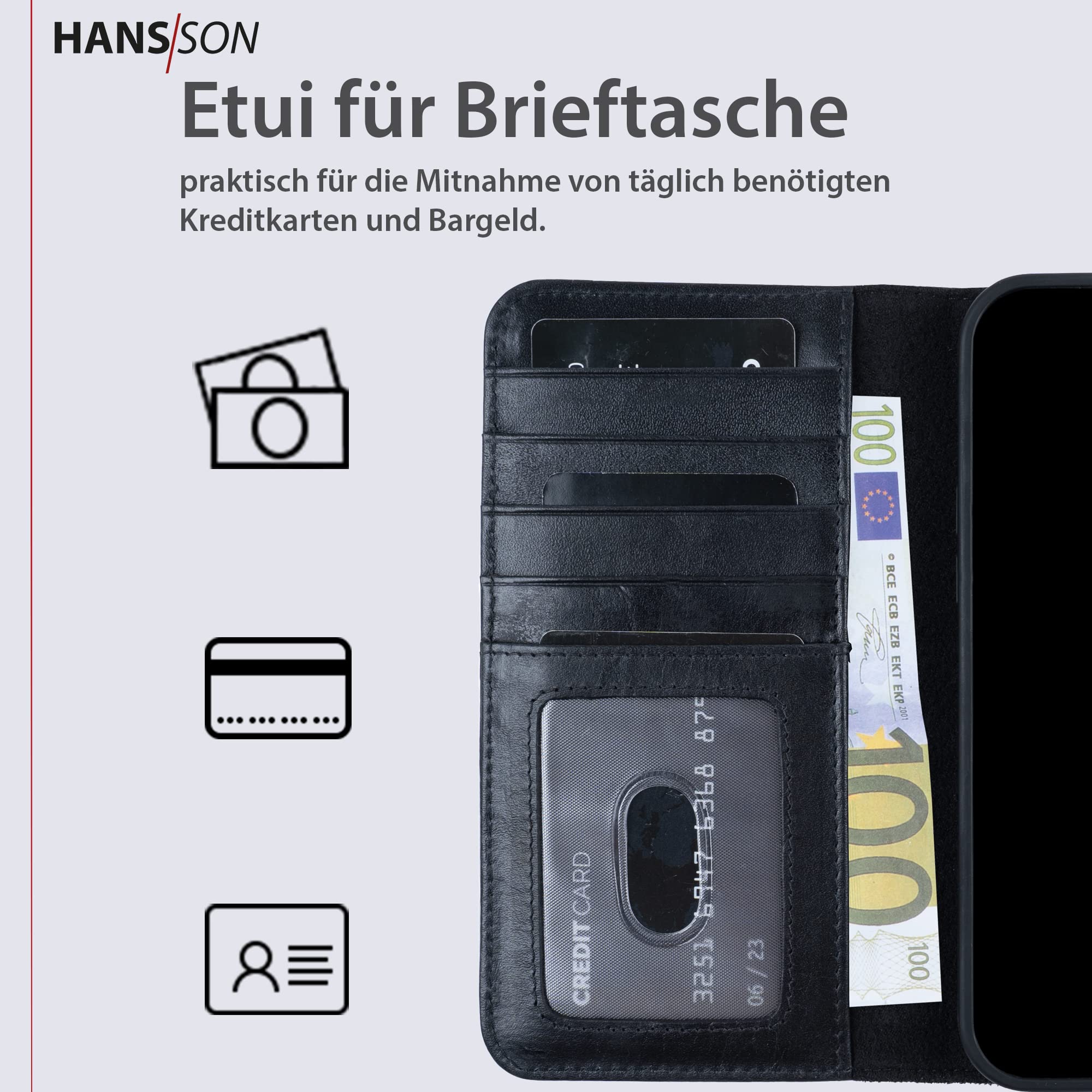 HANS/SON Custodia in vera pelle per iPhone 12 Pro Max, con chiusura magnetica, carte di credito e scomparto rimovibile (nero)