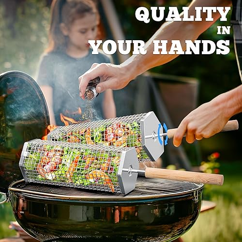 Miniatura 3 de Cesta de parrilla rodante, mango de madera extraíble, acero inoxidable 304, herramientas de parrilla de anidación, accesorios de barbacoa para