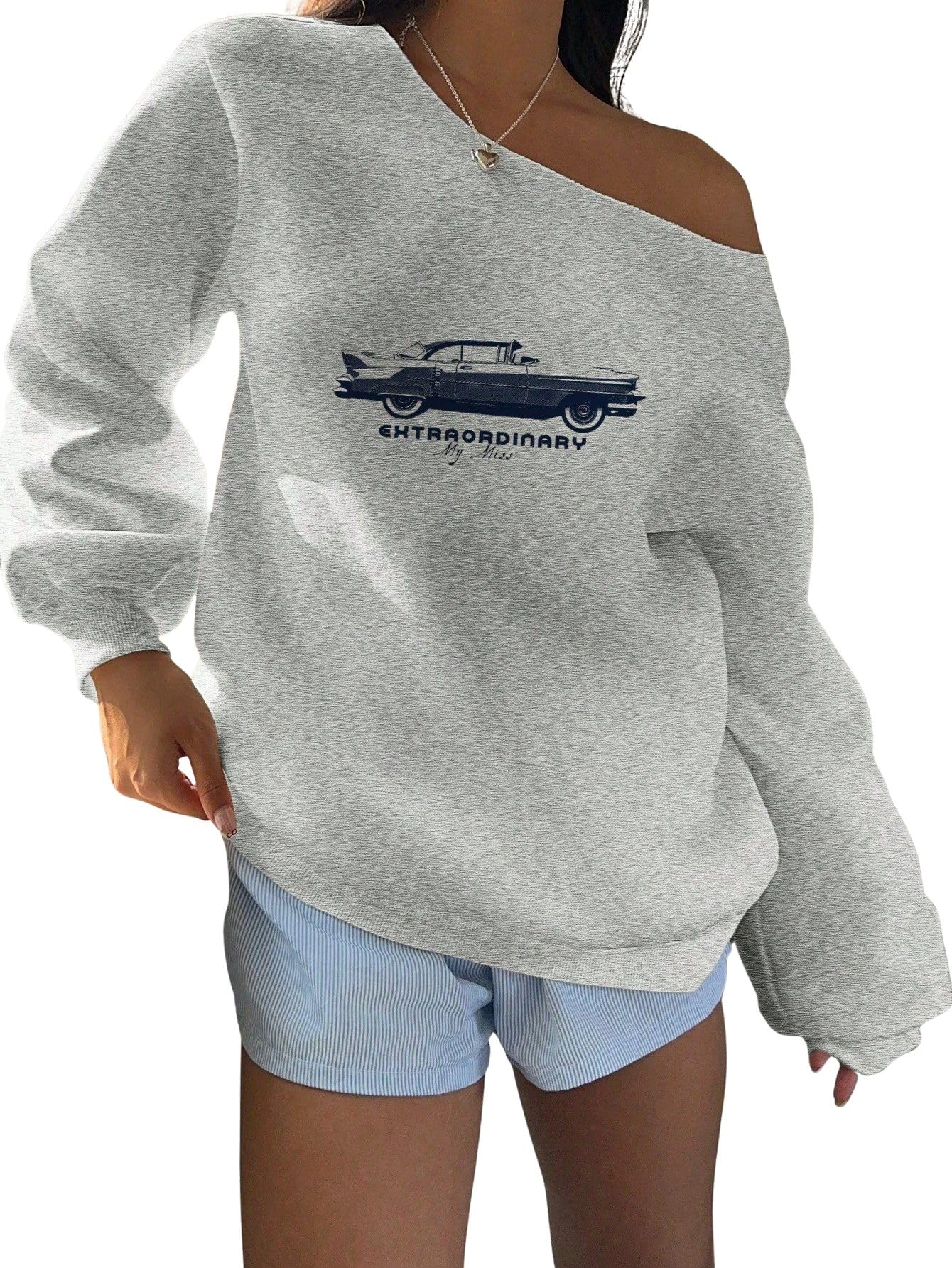 sxv style Women's Off-Shoulder Sweatshirt with Classic Car Print, Grey, Long Sleeve-picture-31