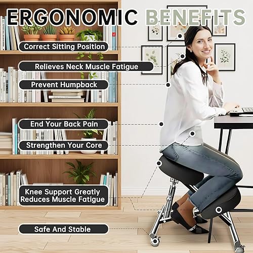 Miniatura 6 de Silla ergonómica de piel sintética, taburete ajustable para el hogar y la oficina con almohadillas gruesas y ruedas de freno flexibles con bloqueo