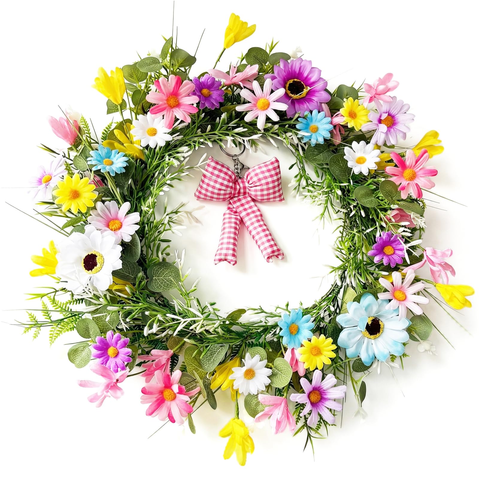 18 Inch Spring Wreath for Front Door, Colorful Artificial Daisy & Eucalyptus Wreaths with Pink Bow, UV Resistant Easter Summer Wreath for Indoor Outdoor Wall Farmhouse Décor