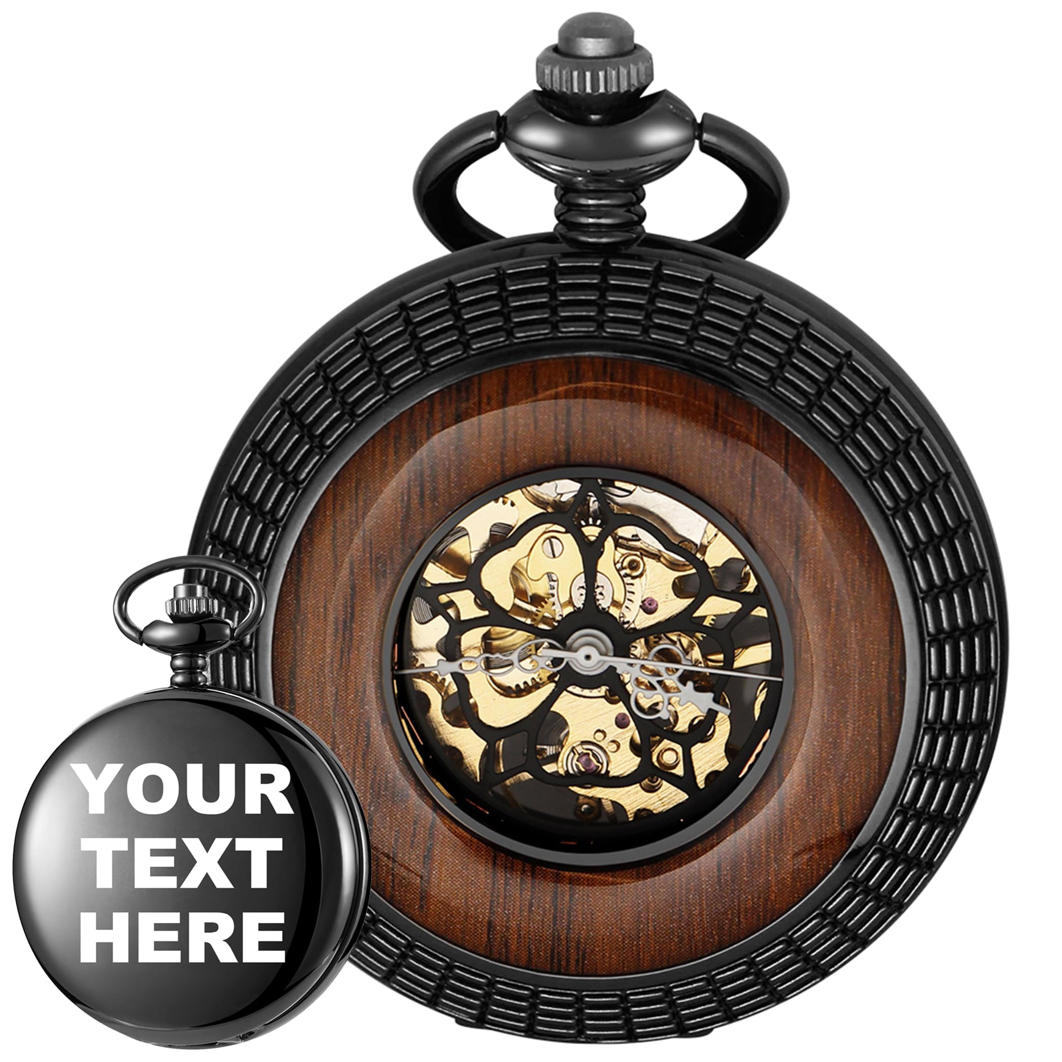 Pocket Watch Hand-Wind Mechanical Men's Pocket Watch Steampunk Wood Grain Design with Chain &amp; Box