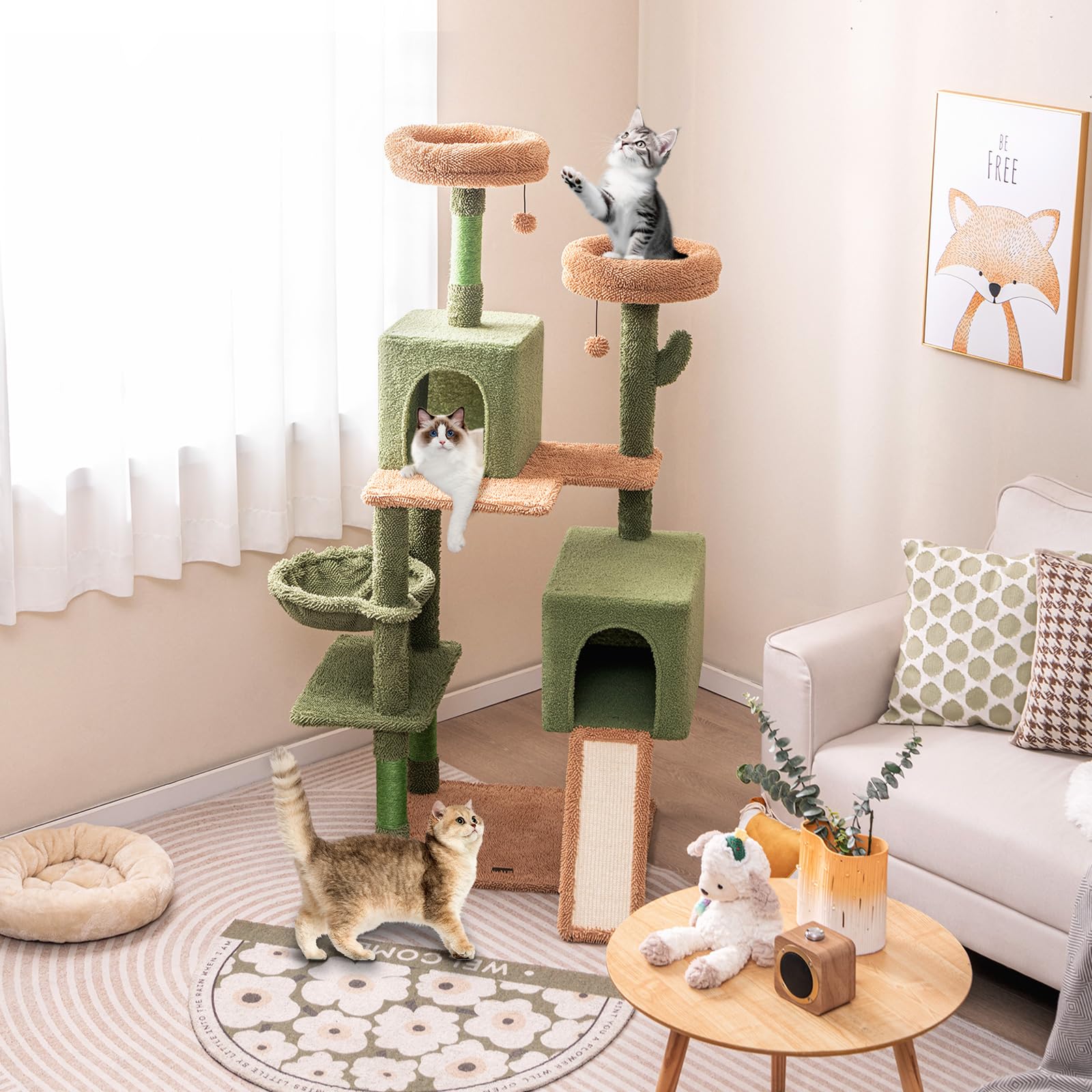 PETSITE 63 inch Cactus Cat Tree Tower, Multi-Level Cat Tower with Sisal Scratching Posts, Sisal Ladder, Hanging Balls, Cat Condos and Side Basket Bed, Cute Cat Tree for Indoor Cats
