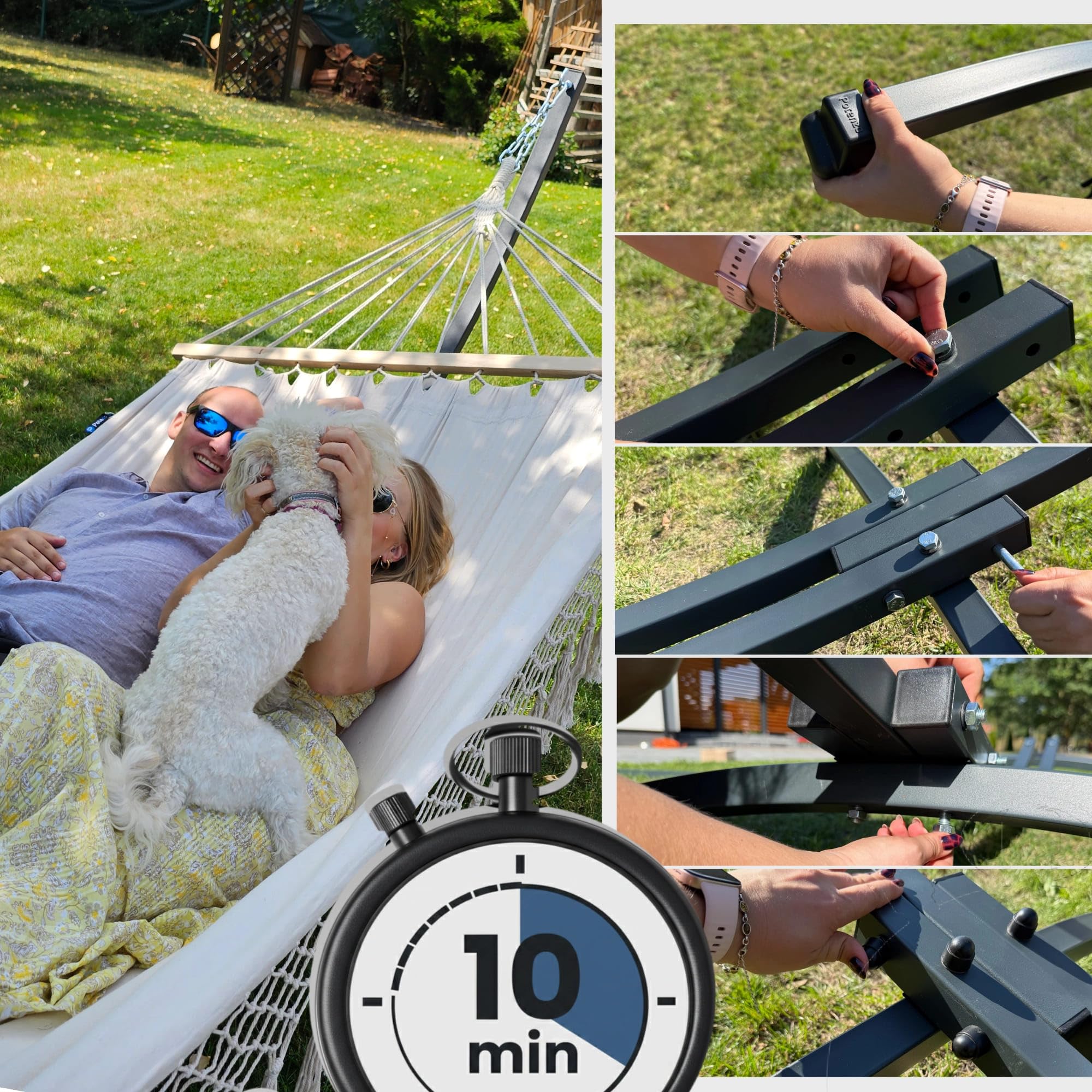 Potenza Outdoor Hängematte mit Gestell für 2 Personen I Stabhängematte XXL 220x160, 200kg I Hängemattengestell 220kg Wetterfest (Blau, Basic Gestell Graphit)