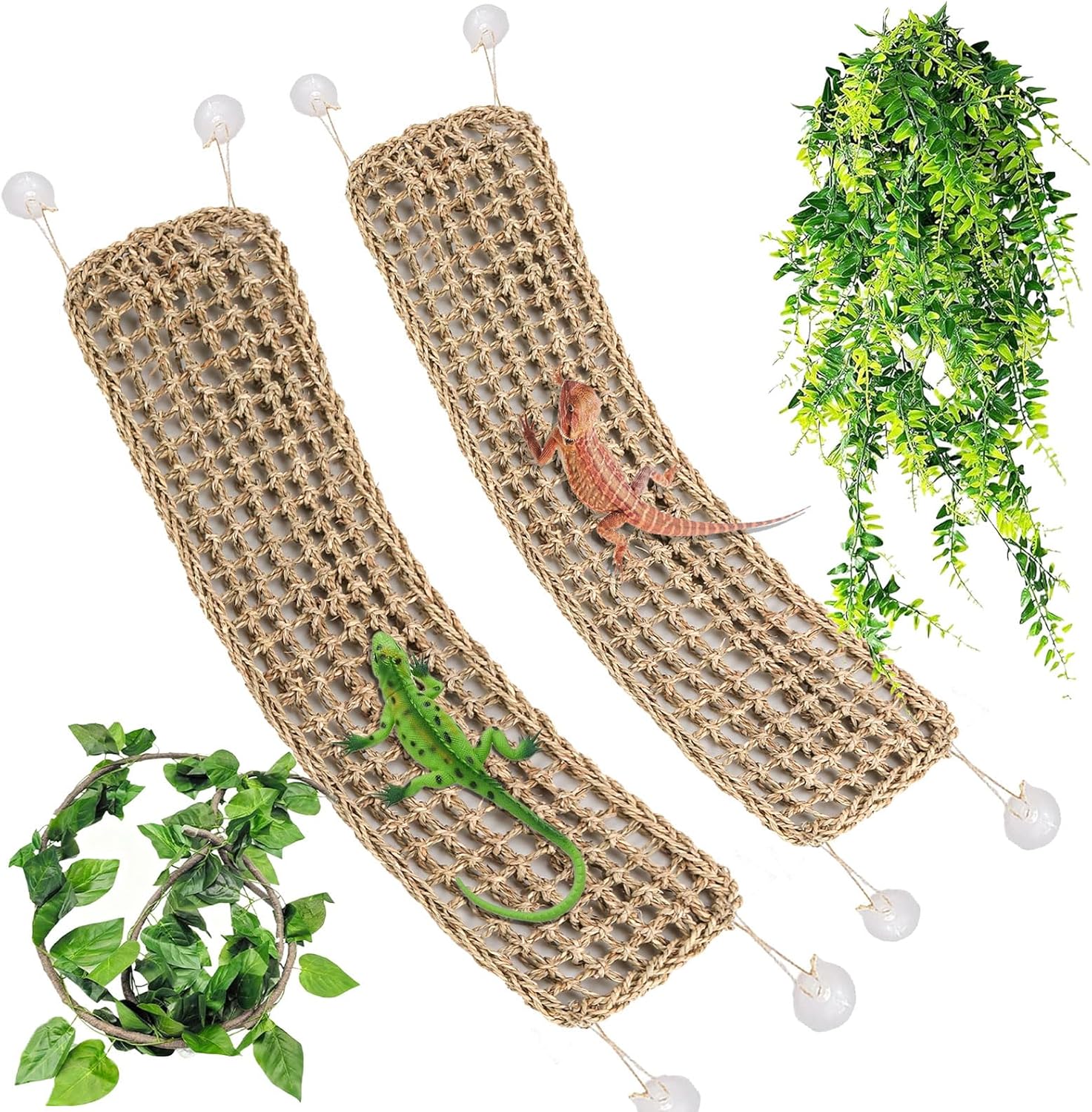 Tfwadmx 2Pcs Large Bearded Dragon Hammock Lizard Lounger Natural Seagrass Fiber Reptile Habitat Decor with Leaves Rattan Plant for Geckos Snakes