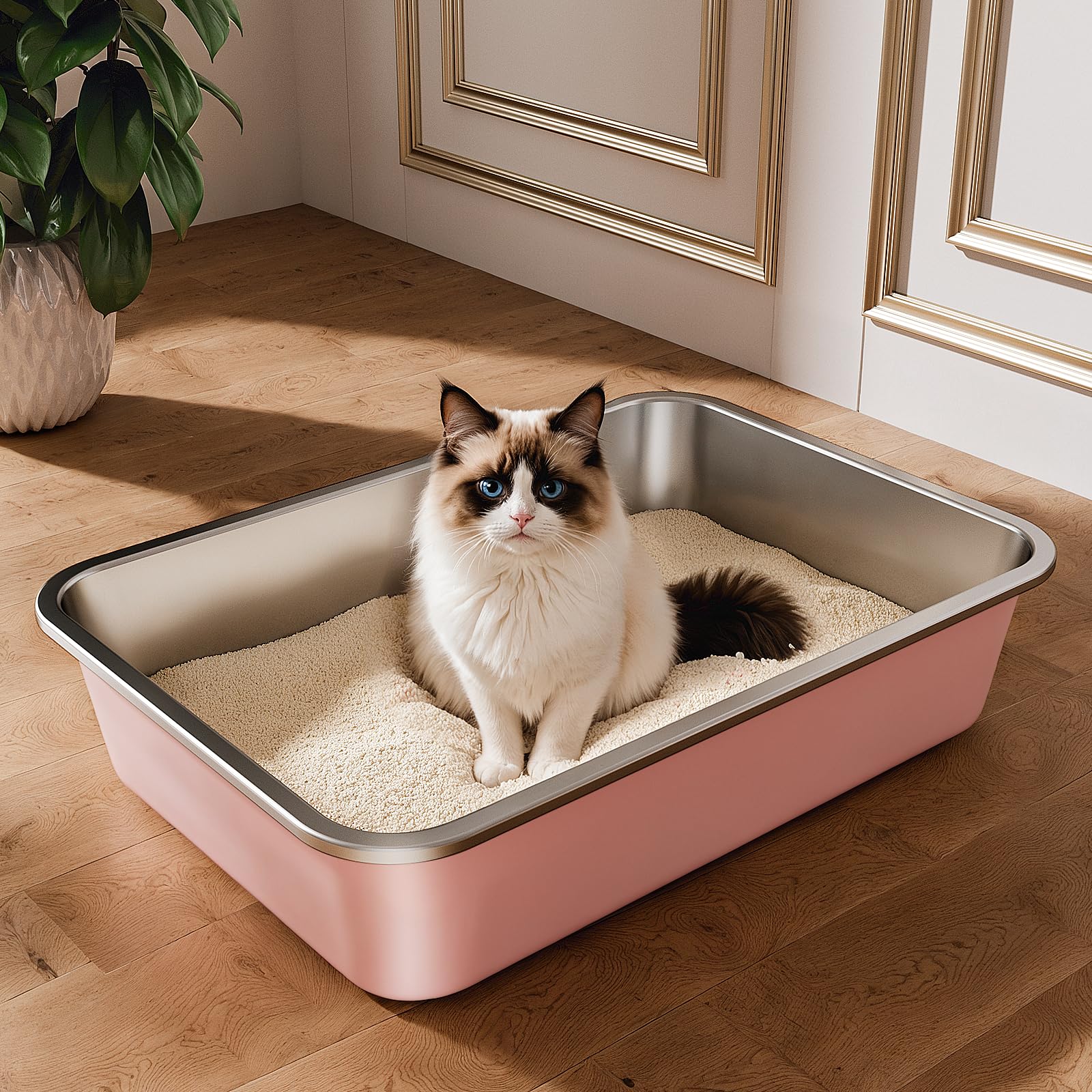 Stainless Steel Cat Litter Tray, Cat Litter Box for Large Small Cats, High Sided Metal Litter Tray, Cats Toilet for Kitten Rabbit and Guinea Pig, Non-Stick, Odor-Free (Pink, 19.5"L×13.6"W×3.9"H)