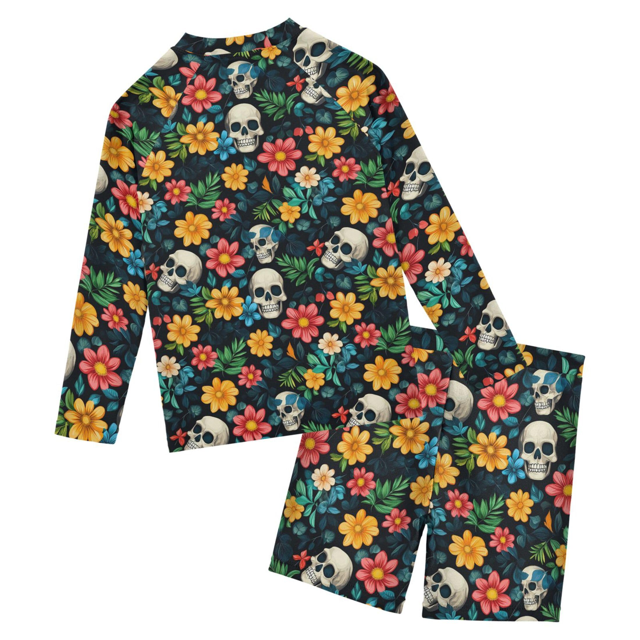 Skull Flower Toddler and Baby Boys' 2-Piece Swimsuit Trunk, Long Sleeve Rashguard Bathing Suit B0404454