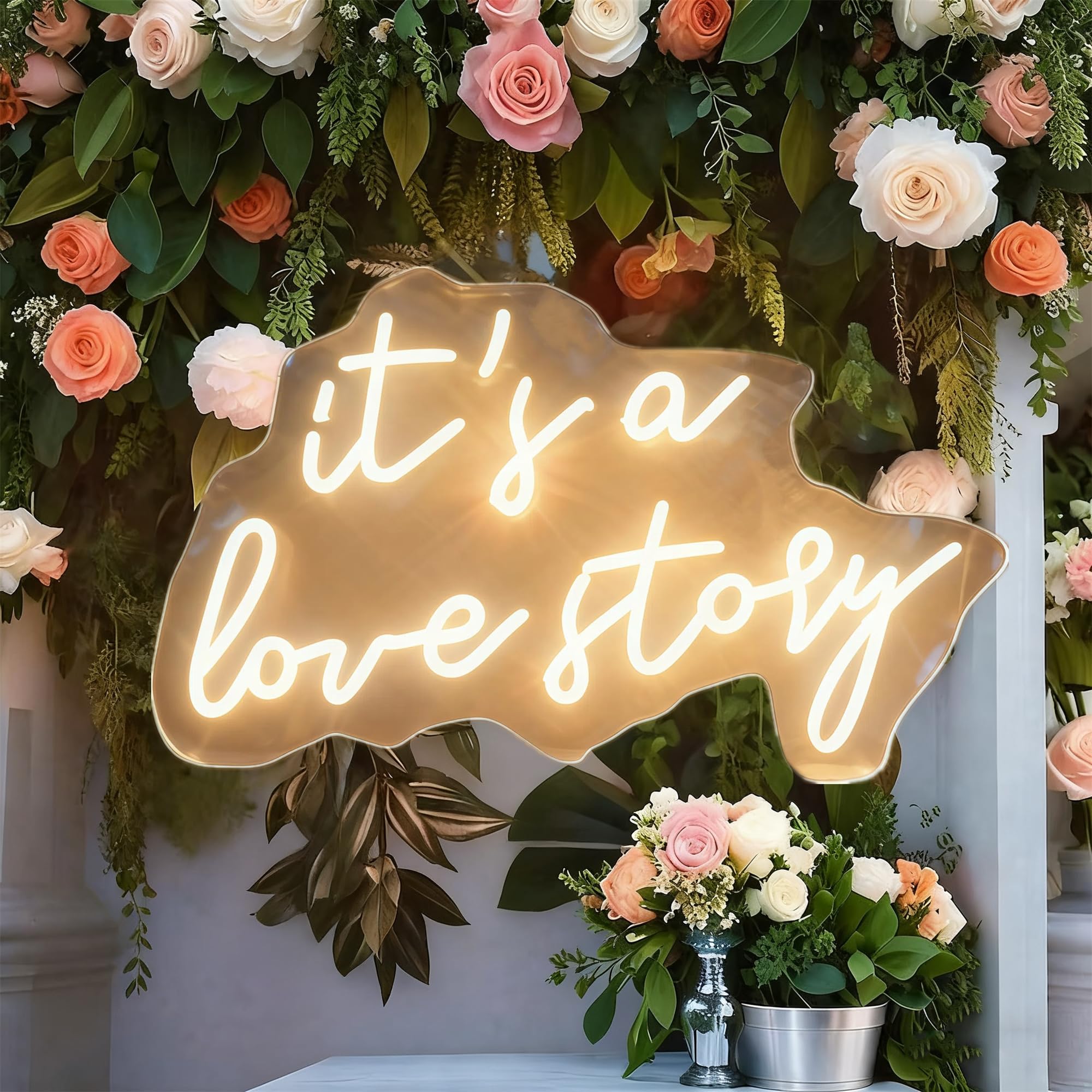 It's a Love Story Neon Schild, 16 x 11,8 Zoll Neon Hochzeitsschild mit Dimmschalter für Schminktisch Schlafzimmer Hochzeit Verlobung, Jahrestag, Valentinstag-Hintergrunddekoration (Warmweiß)