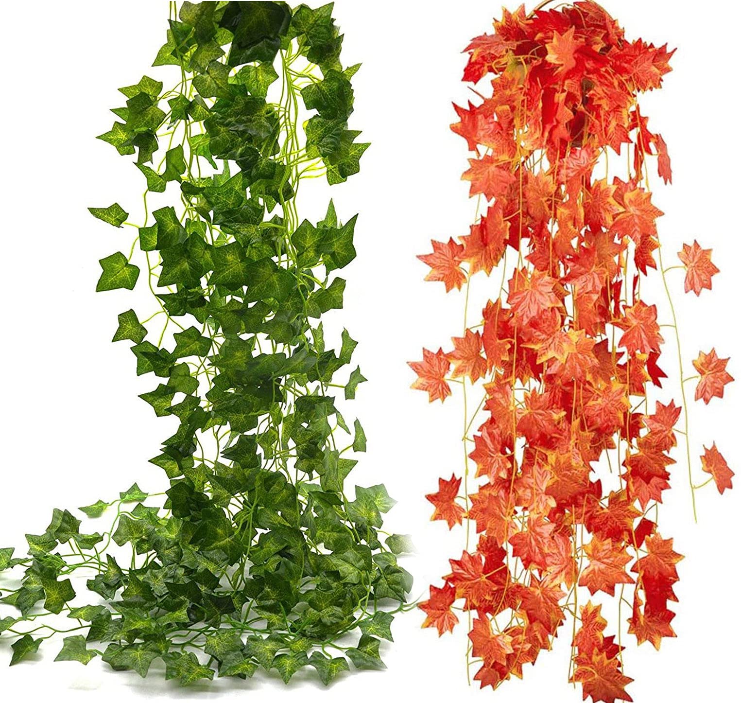 VRCT Hanging Vines Artificial Fall Maple Leaves Garland (Orange, Green) - 3+3 Pieces, Artificial Flora