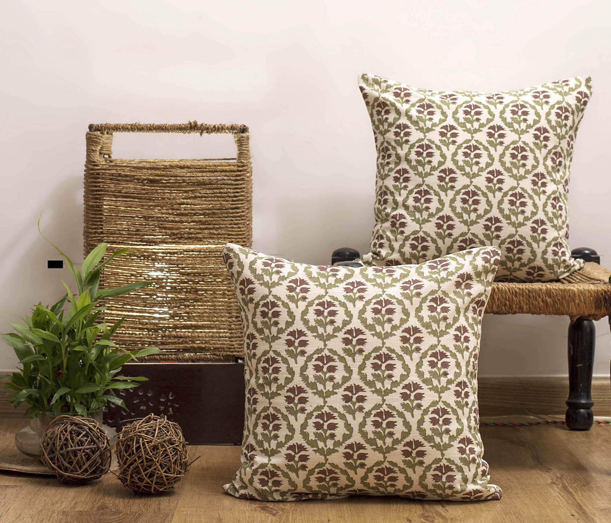 Earthy India Block Print Cushion Cover with Premium Handmade Cotton Fabric (16 x16 inch, White Block Print Jaal) (5)