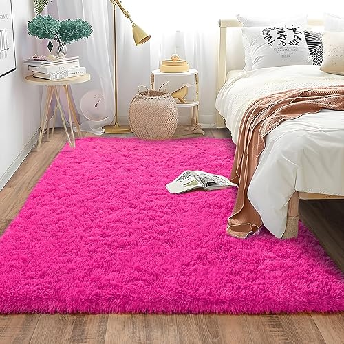 Soft Shag Rugs for Bedroom, 4x6 Hot Pink Fluffy Shaggy Rugs for Living Room Nursery, Luxury Modern Plush Carpet Girls Boys Kids Room Dorm Indoor Home Decor, Upgrade Non-Slip
