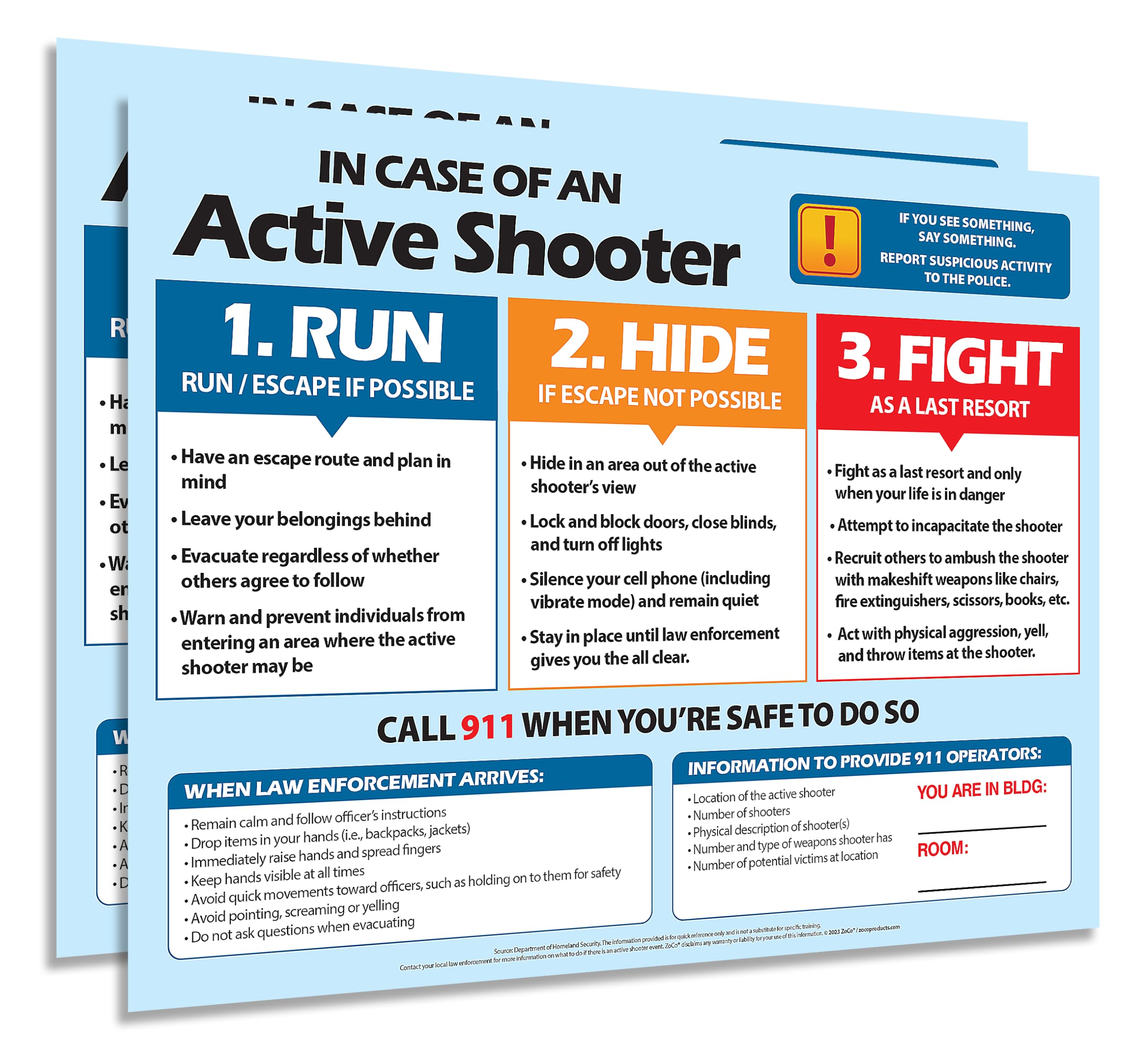 ZOCO – Active Shooter Safety Poster (2-Pack) – Laminated 17x22 Emergency Preparedness Sign – Run Hide Fight Strategy for School, Workplace, or Public Building