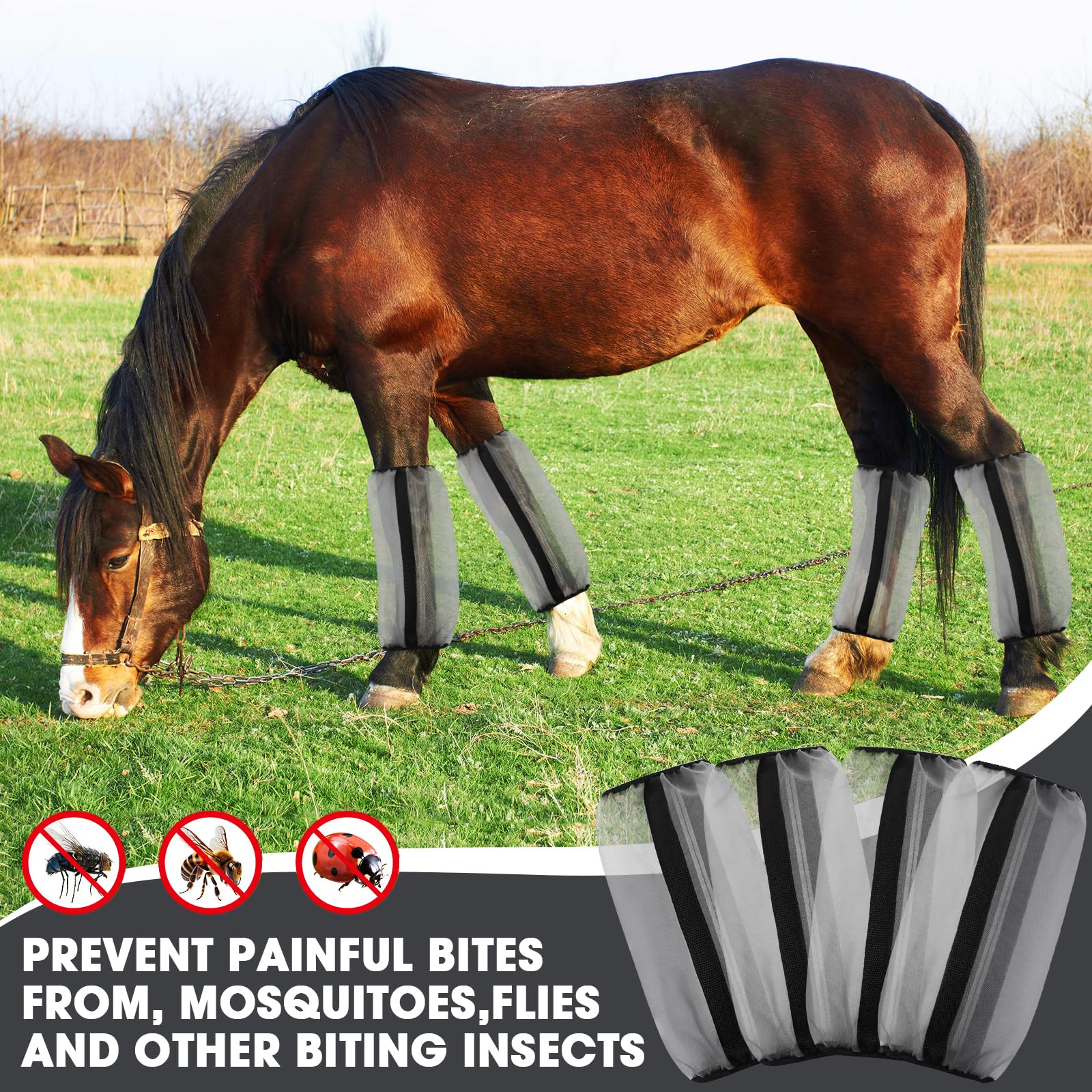 Fliegen Gamaschen Pony Hufschuhe für Pferd Fliegenstiefel für Pferde Anti Mücken Stallgamaschen Pferd Netz Atmungsaktiv 4 Stück Fliegengamaschen für Pferde Locker Sitzend Fly Boots Pferd (Grau)