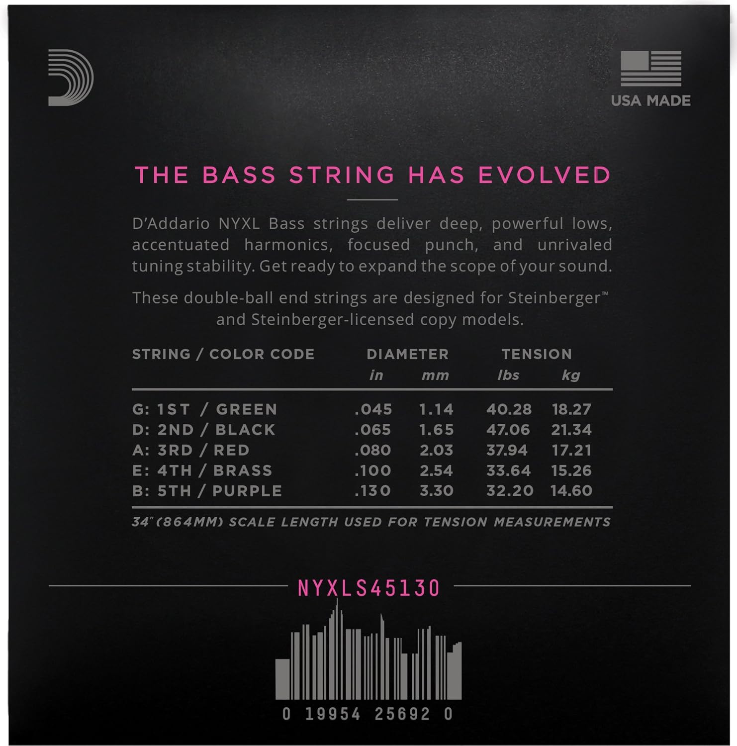 D’Addario NYXLS45130 5String Regular Light Double Ball End Long Scale