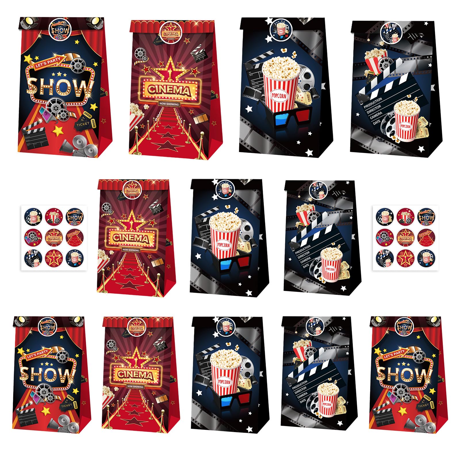 12 Pcs Movie Night Popcorn Boxes, Cinema Candy Containers Goodie Bags, Party Favor Bags Snack Trays Paper Gift Bags with 18 Stickers for Birthday Party School Activity Celebration Supplies