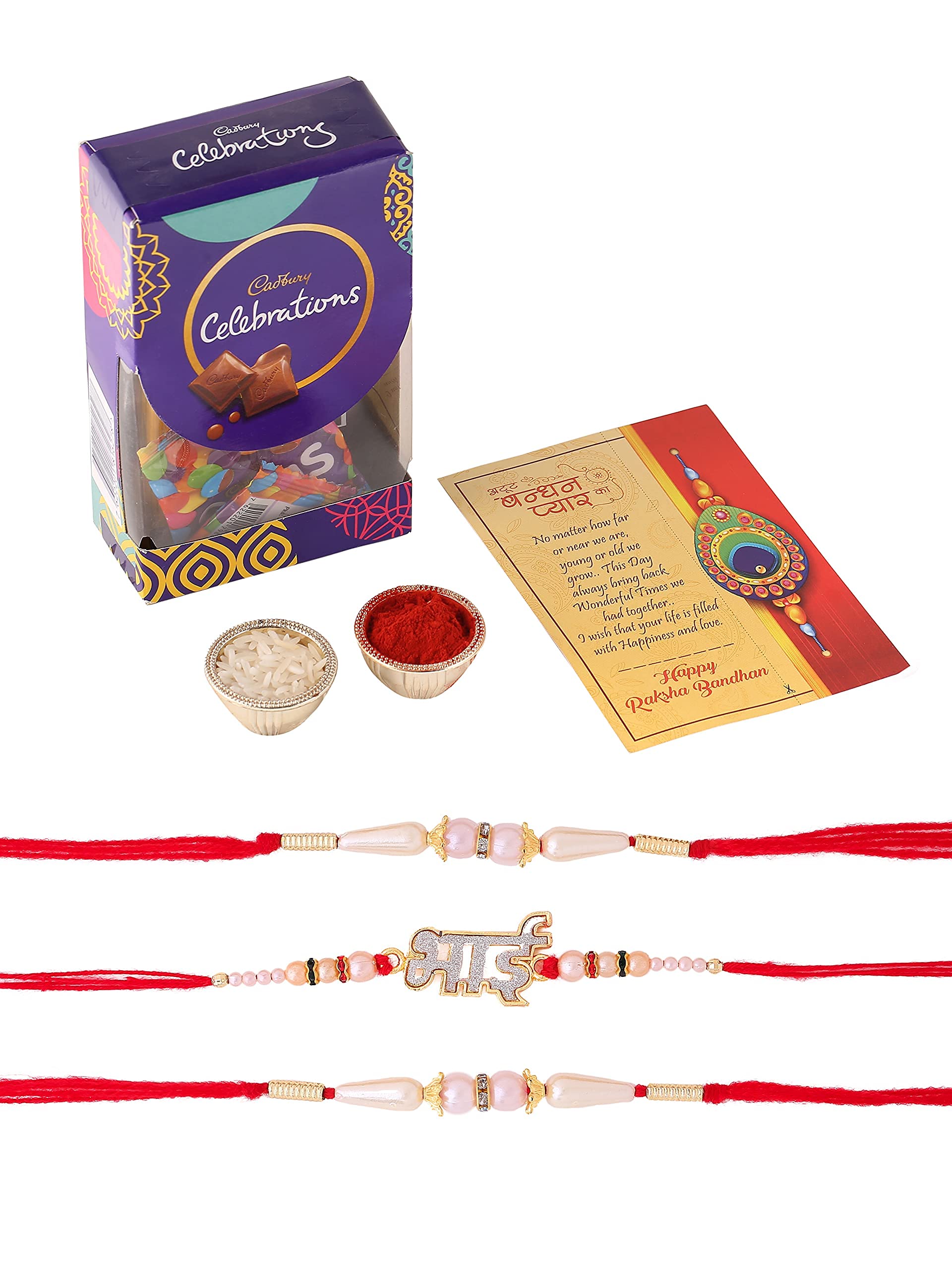 Cadbury 4 Rakhi Combo for Brother Bhabhi Kids with Celebration Chocolate Gift Pack/Rakshabandhan with Gift for Brother with chocolate combo/Lumba/Pearl Designer/Greeting Card